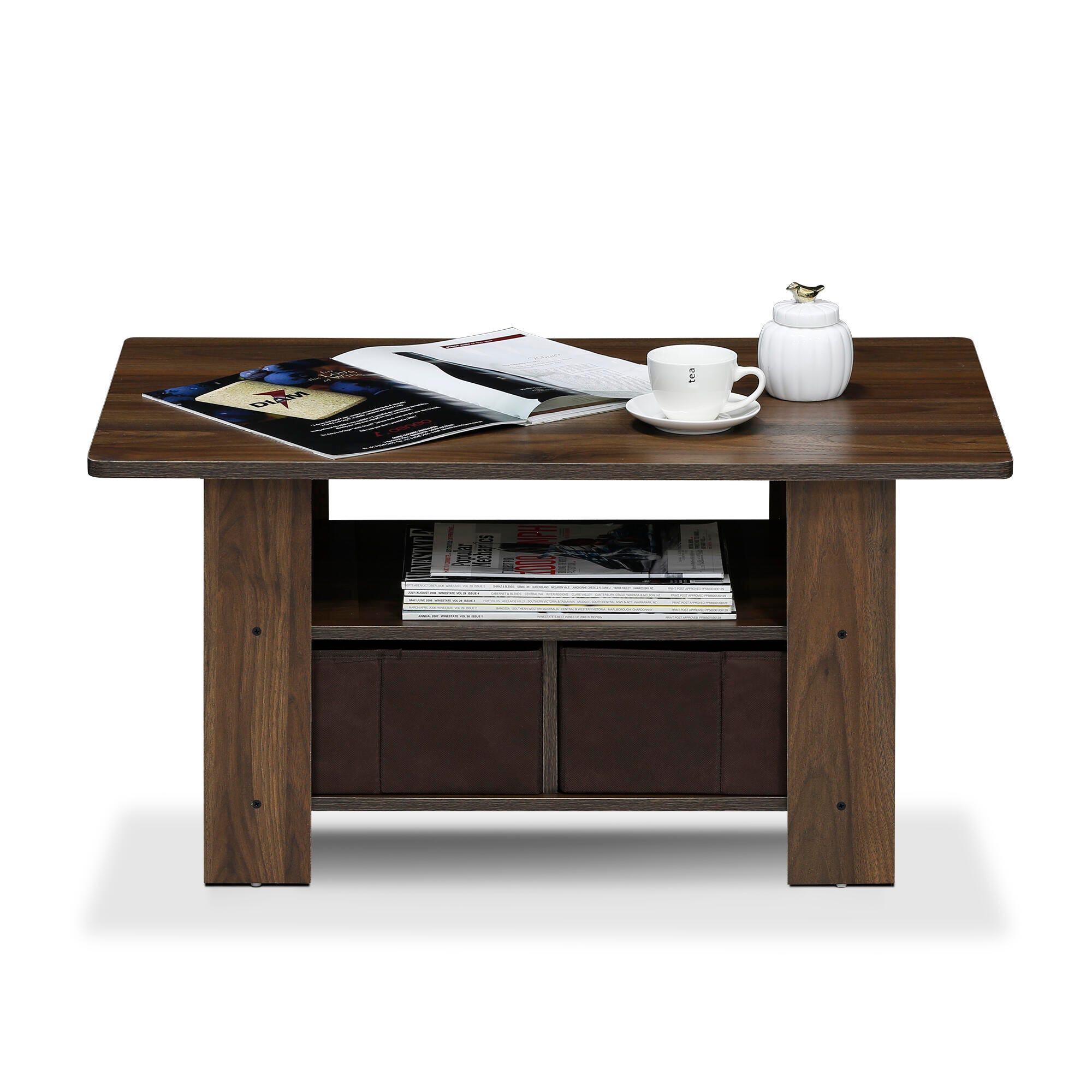 Andrey Coffee Table with Bin Drawer, Walnut/Dark Brown, large