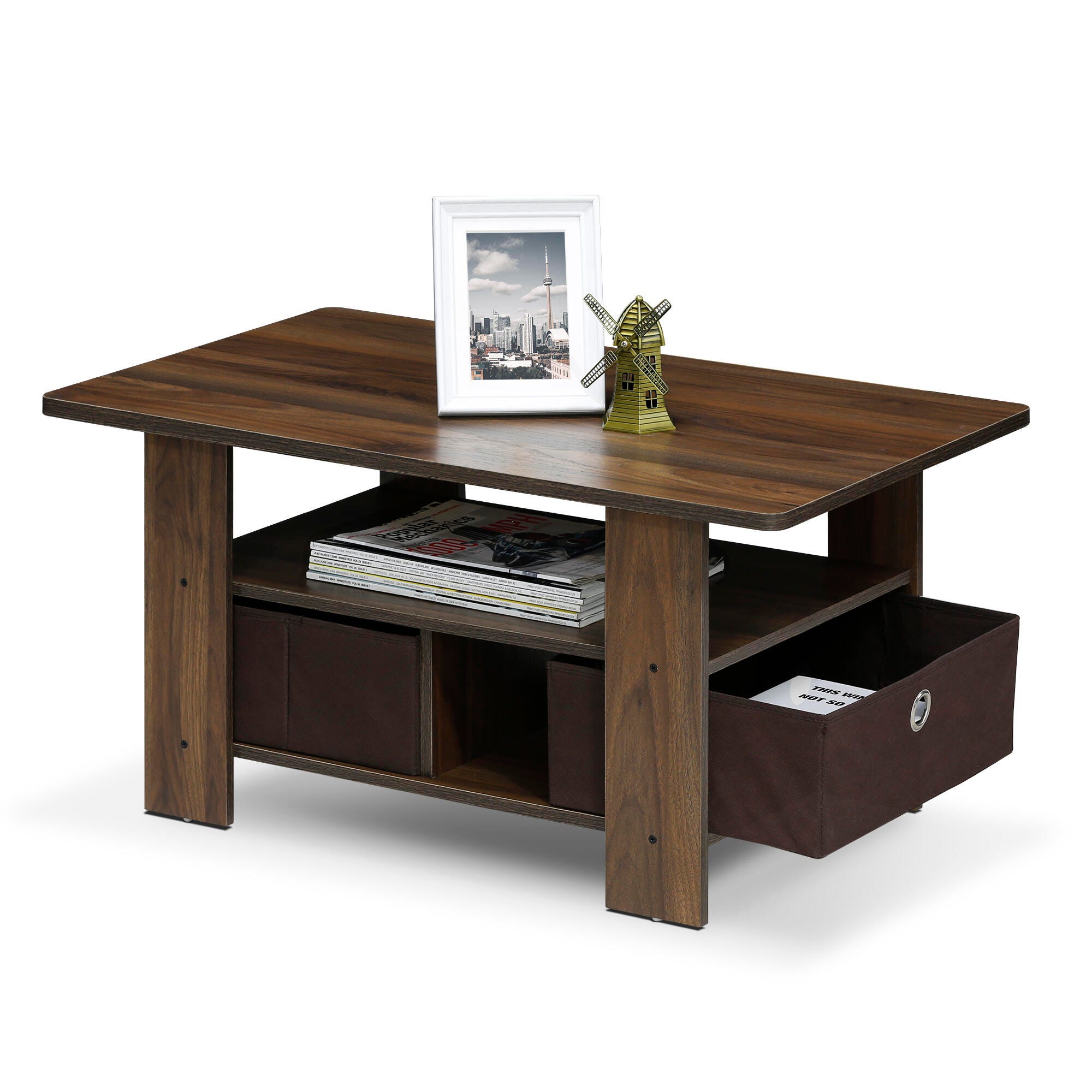 Andrey Coffee Table with Bin Drawer, Walnut/Dark Brown, large