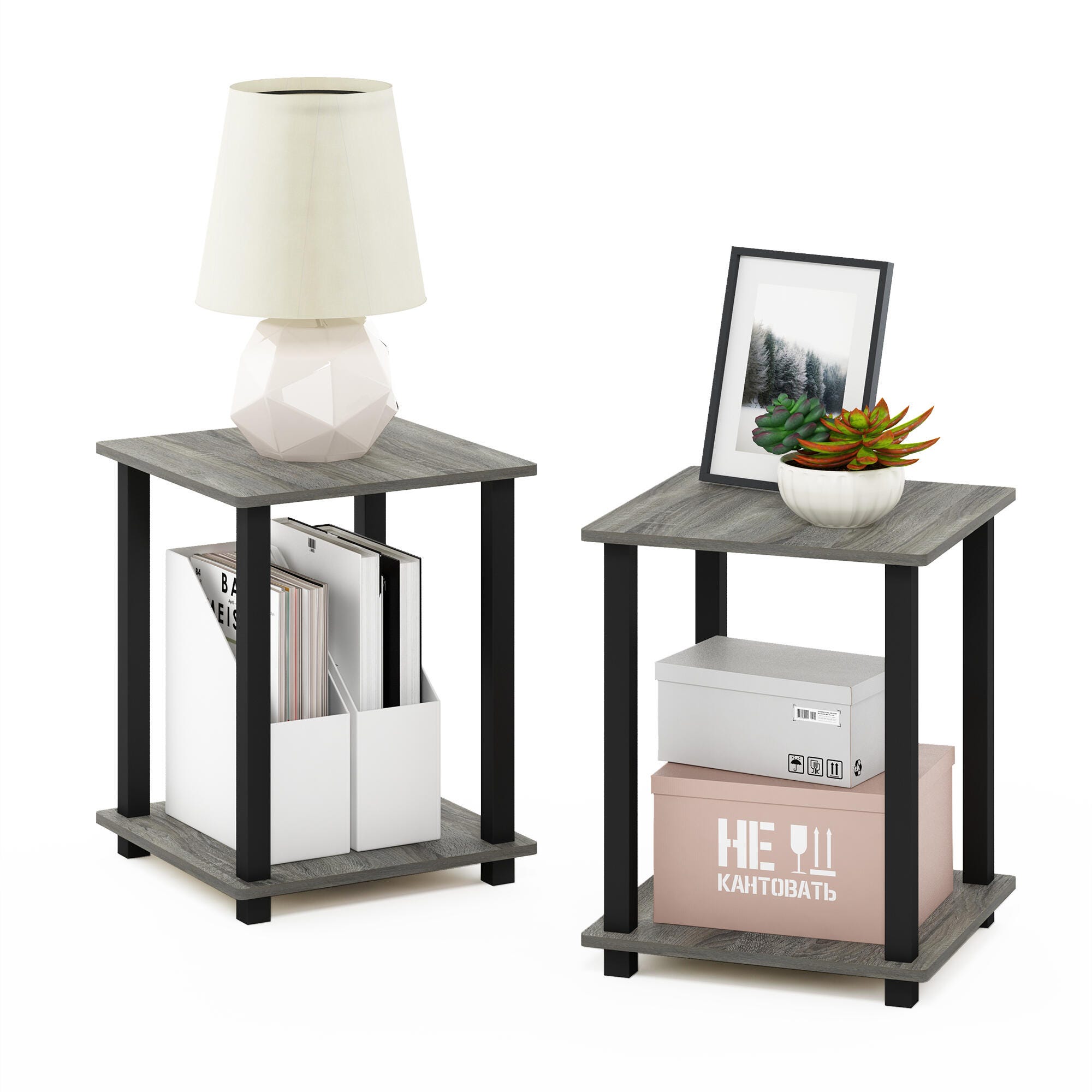 Furinno Simplistic End Table (Set of Two), French Oak Gray/Black, large