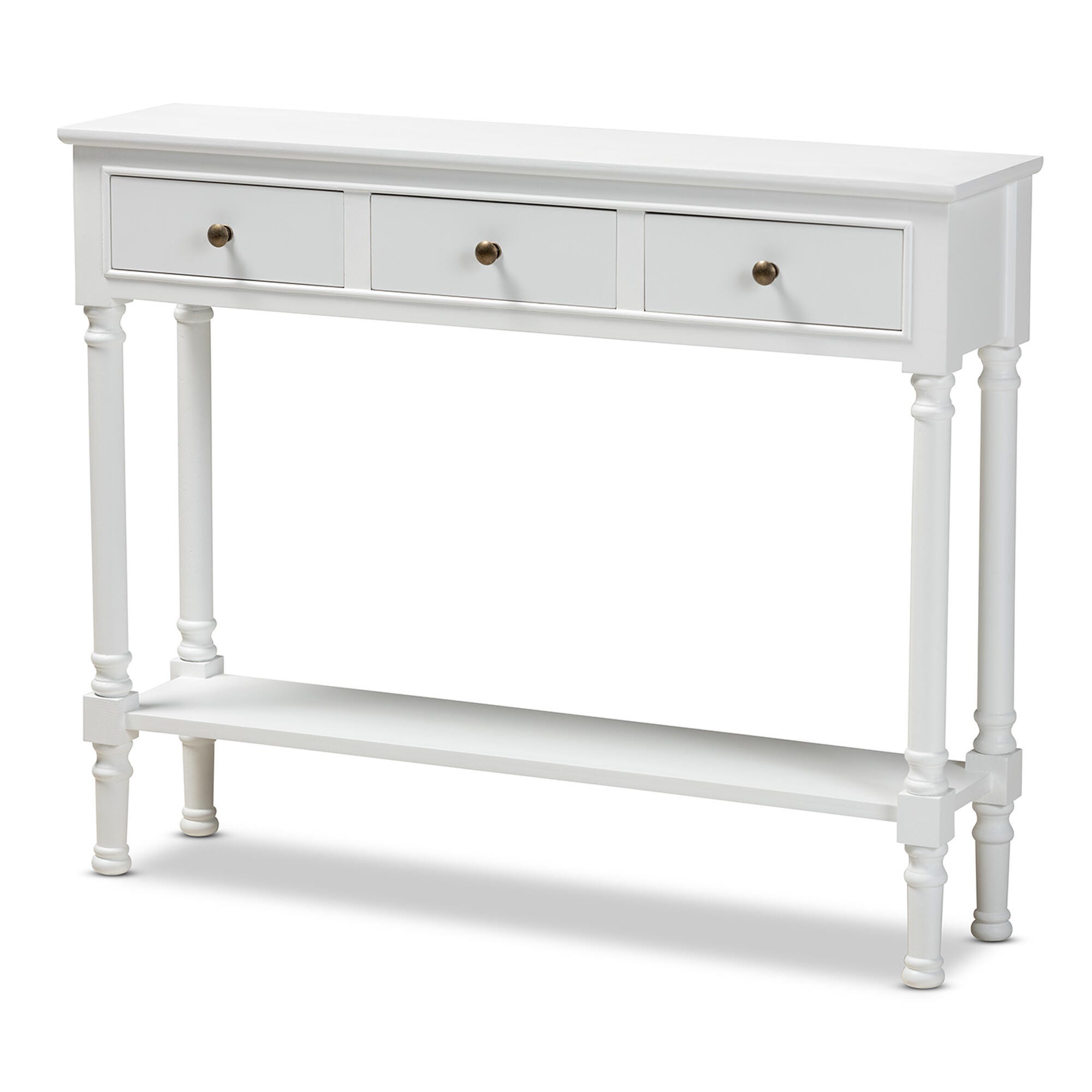 Calvin French Farmhouse White Finished Wood 3-Drawer Entryway Console Table, White, large