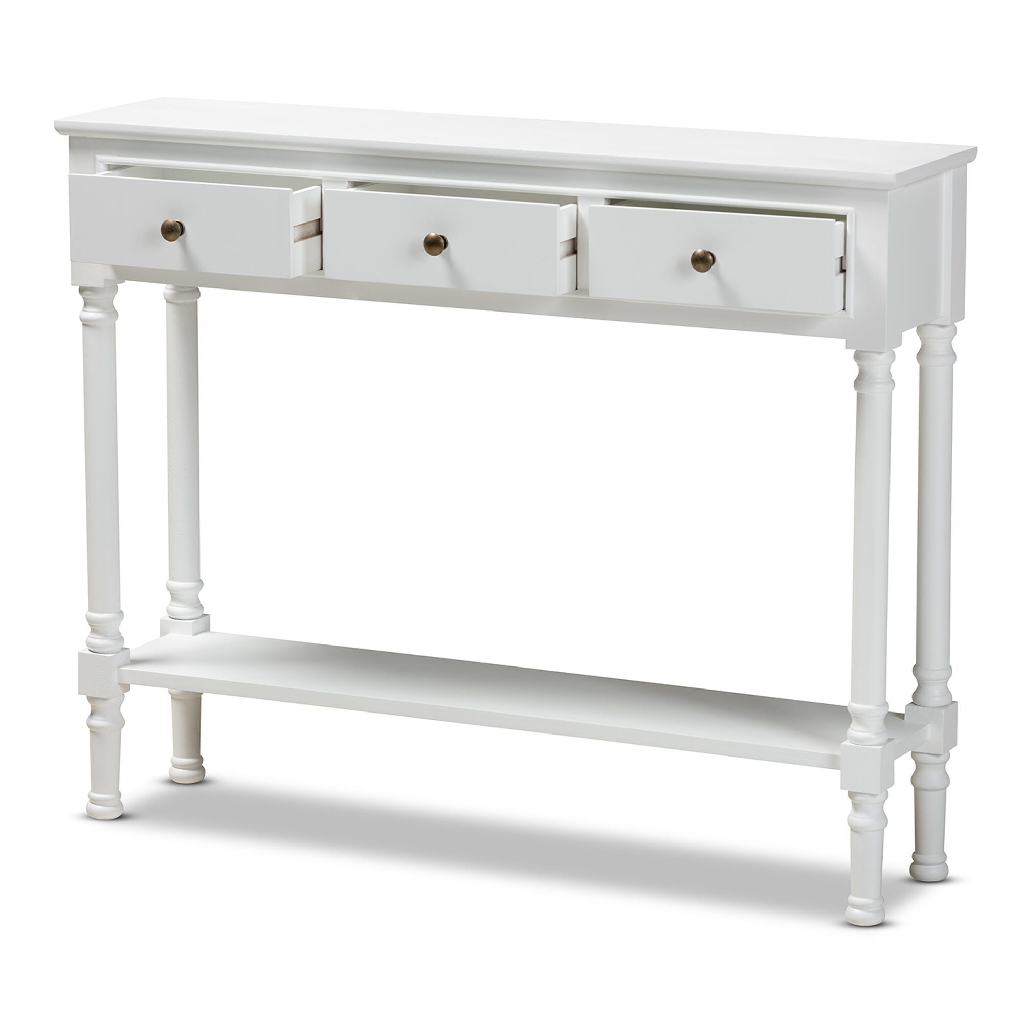 Calvin French Farmhouse White Finished Wood 3-Drawer Entryway Console Table, White, large