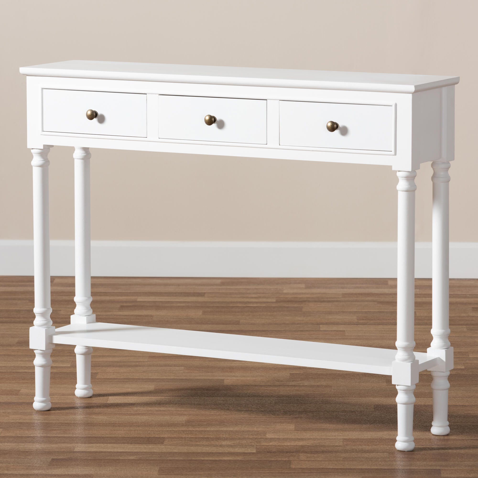 Calvin French Farmhouse White Finished Wood 3-Drawer Entryway Console Table, White, large