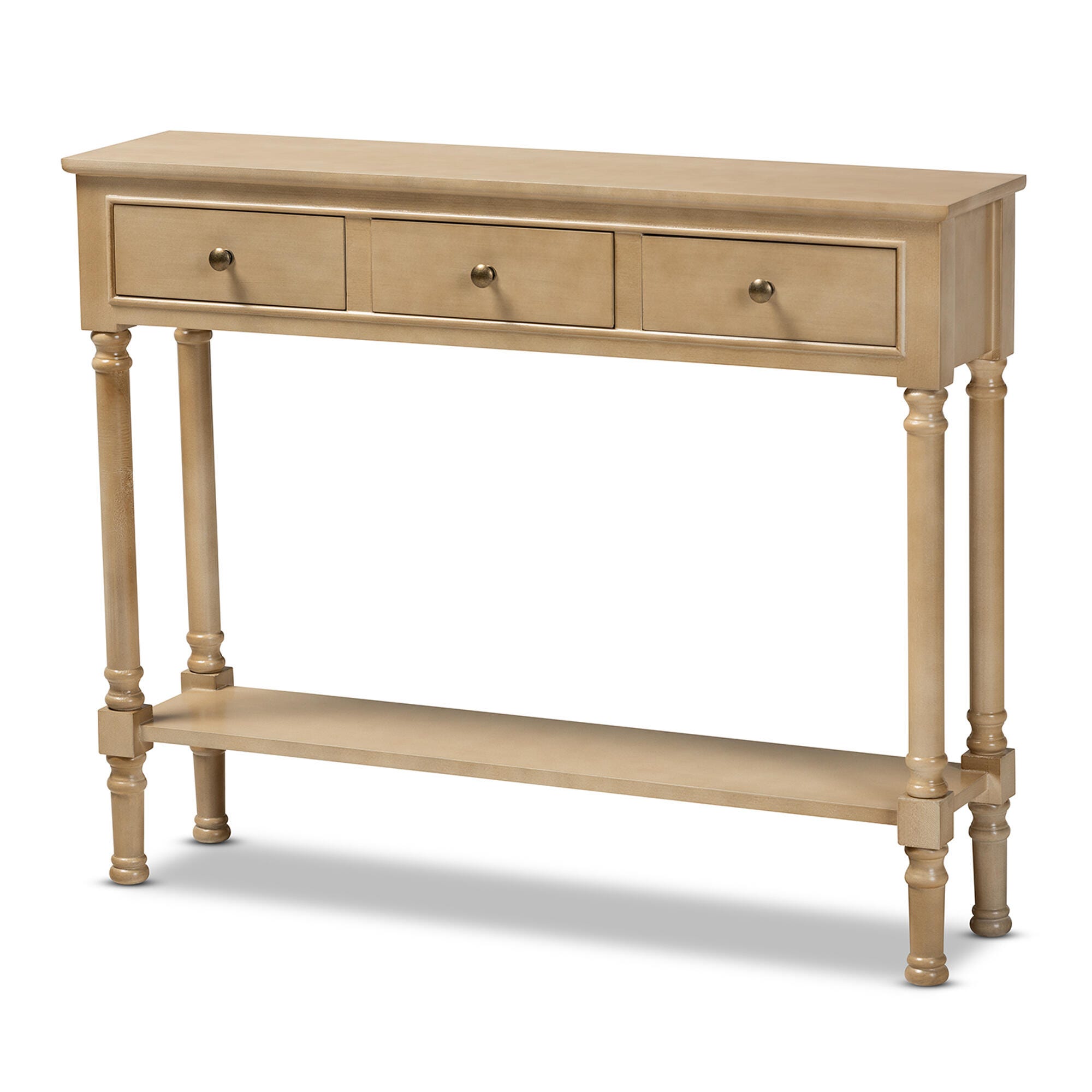 Baxton Studio Calvin French Farmhouse Oak Brown Finished Wood 3-Drawer Entryway Console Table, Brown, large