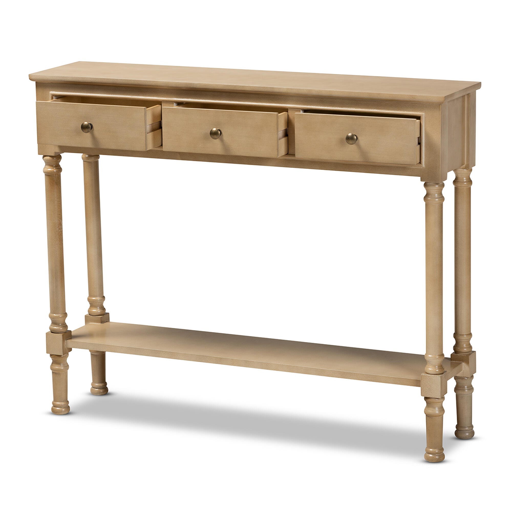 Baxton Studio Calvin French Farmhouse Oak Brown Finished Wood 3-Drawer Entryway Console Table, Brown, large