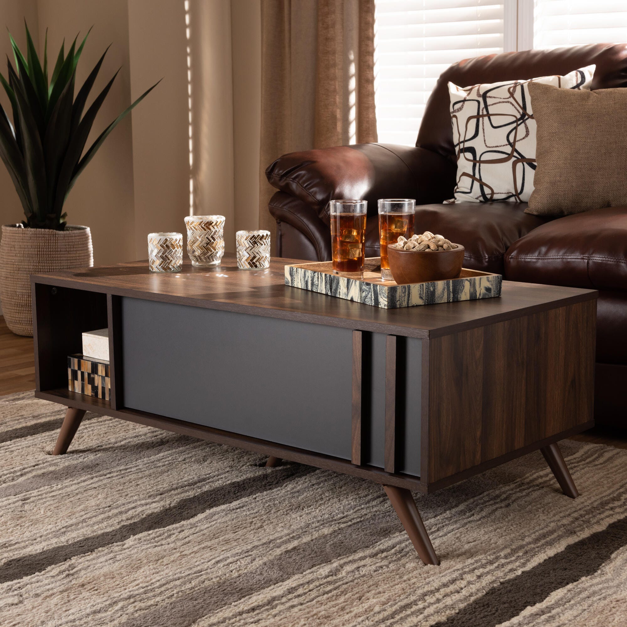 Naoki Two-Tone Gray and Walnut Finished Wood 1-Drawer Coffee Table, , rollover