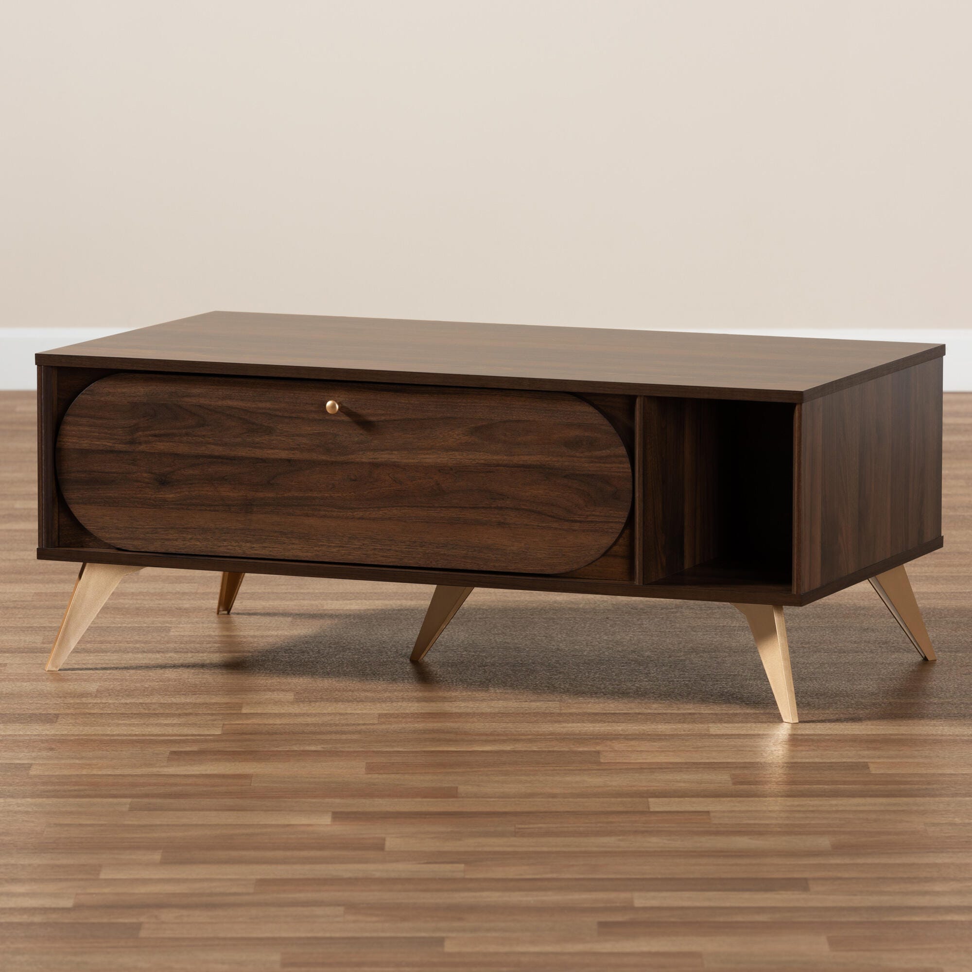 Baxton Studio Edel Walnut Brown and Gold Finished Wood Coffee Table, , large