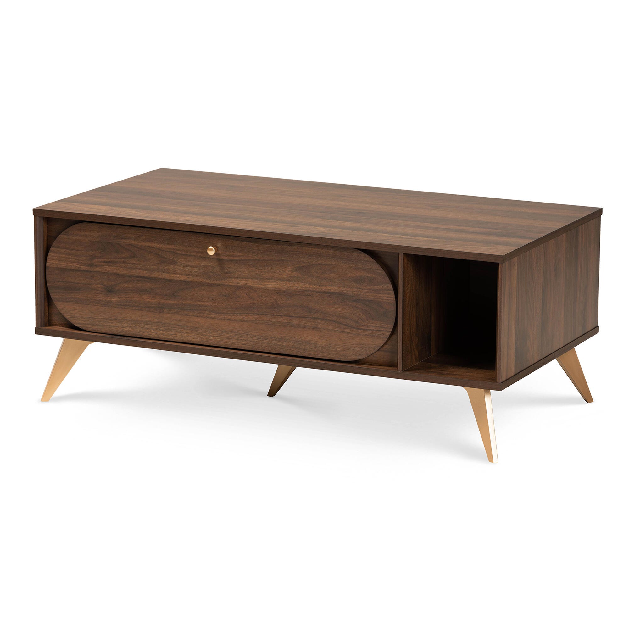 Baxton Studio Edel Walnut Brown and Gold Finished Wood Coffee Table, , large