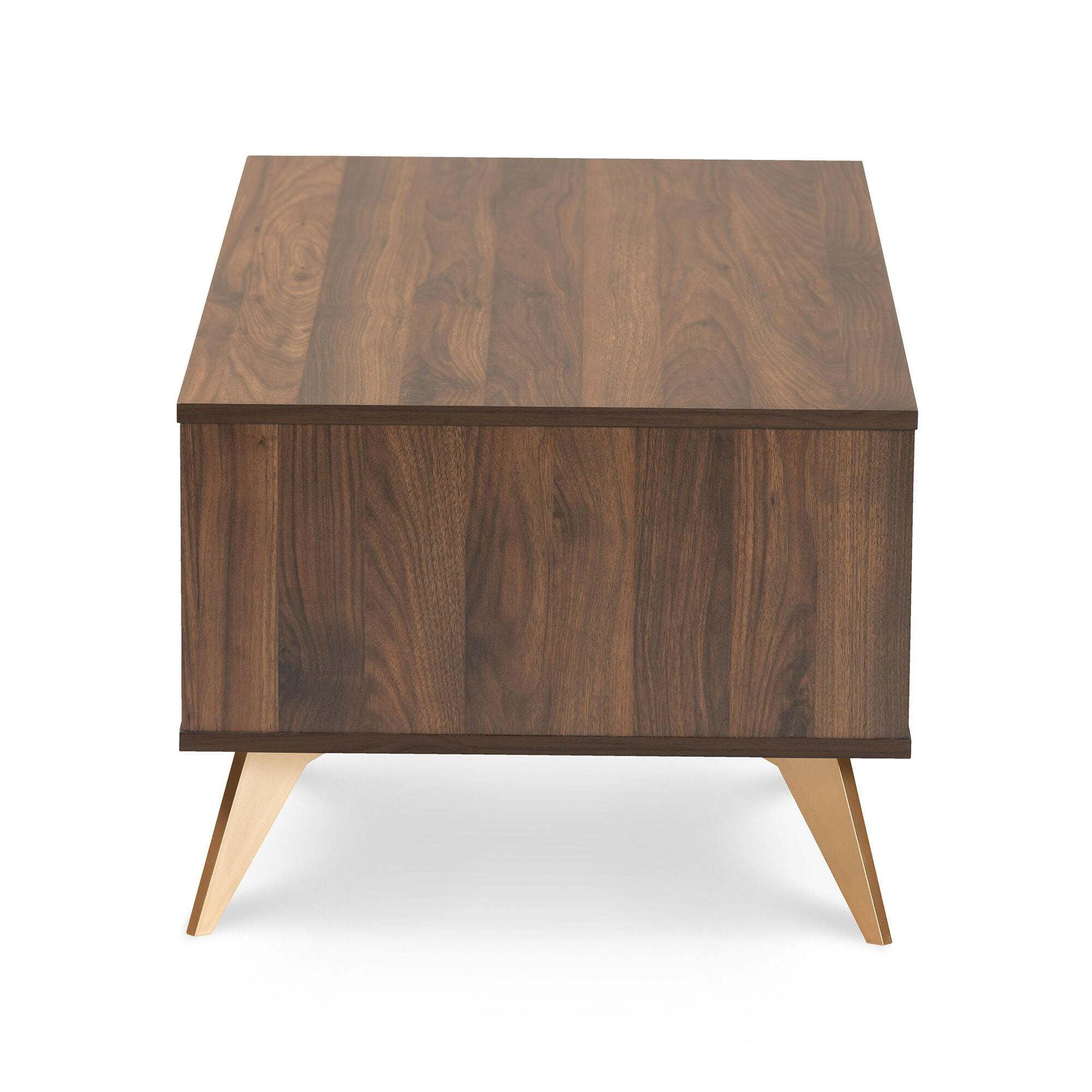 Baxton Studio Edel Walnut Brown and Gold Finished Wood Coffee Table, , large