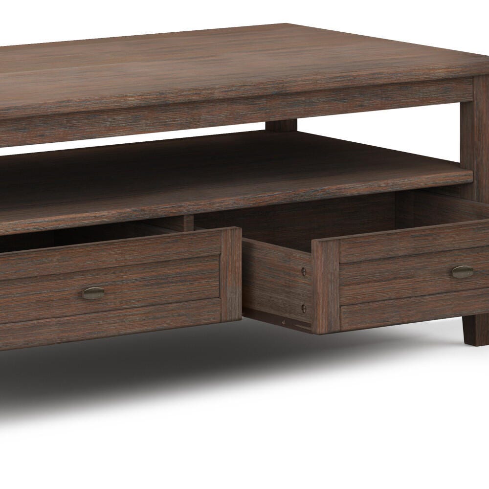 Simpli Home Warm Shaker Solid Wood 48" Wide Rectangle Rustic Coffee Table, Brown, large