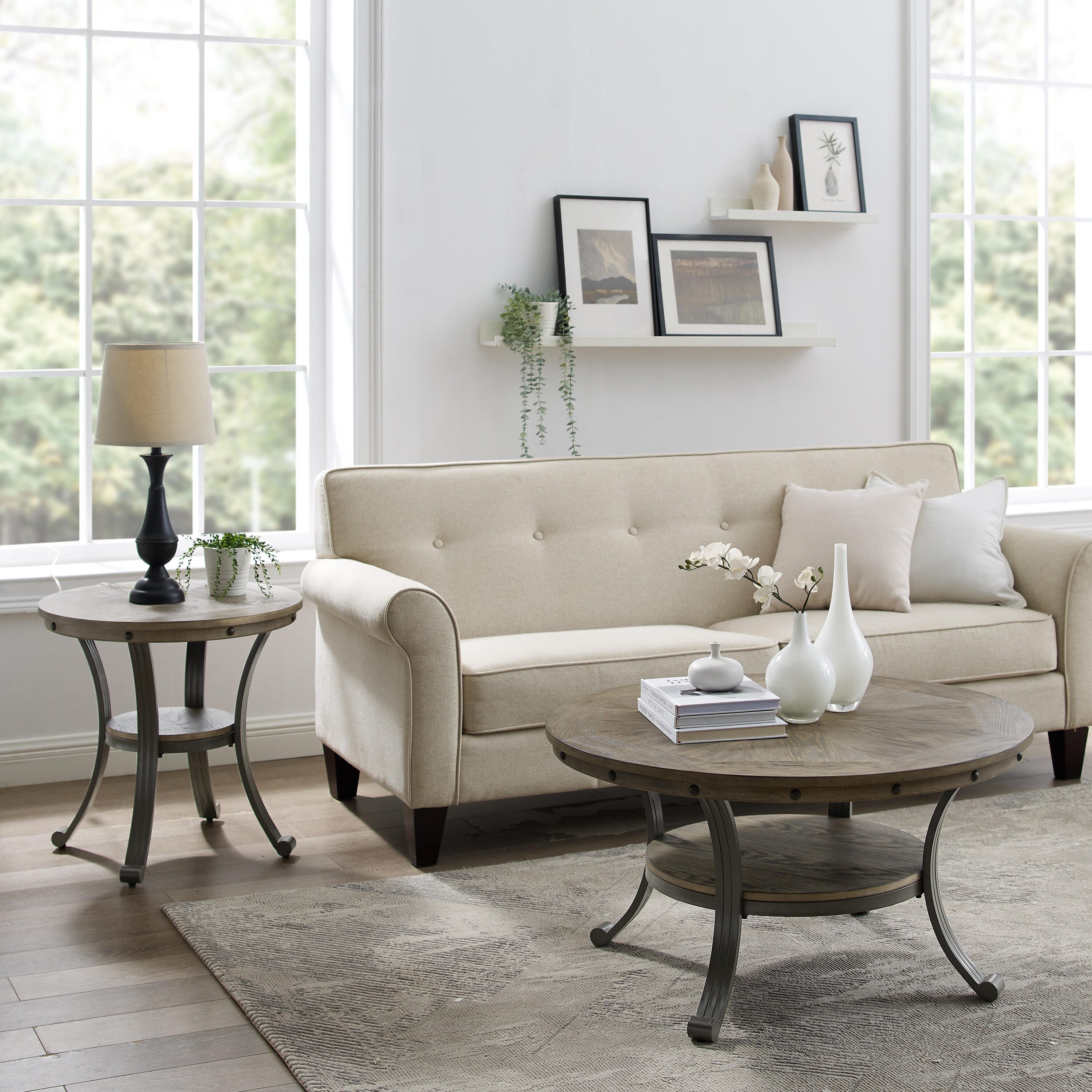 Linon Owens Round Coffee Table, Pewter Gray, large