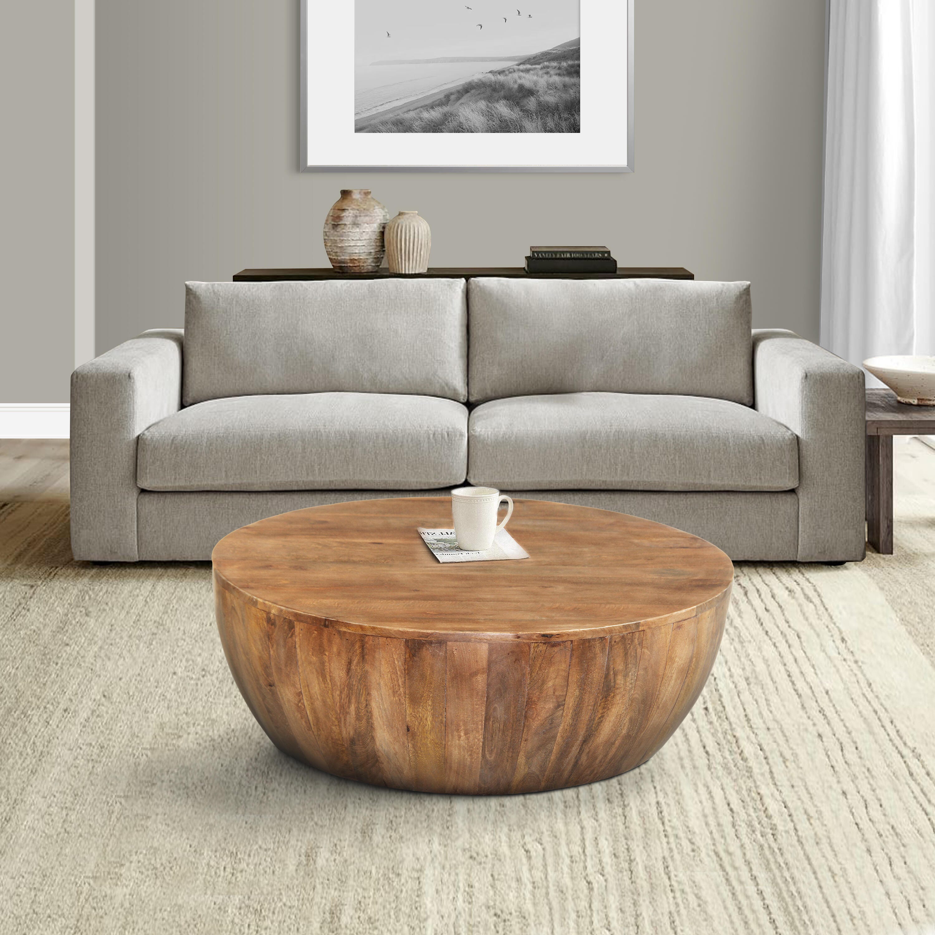 The Urban Port Drum Shape Coffee Table with Plank Base, Light Brown, rollover