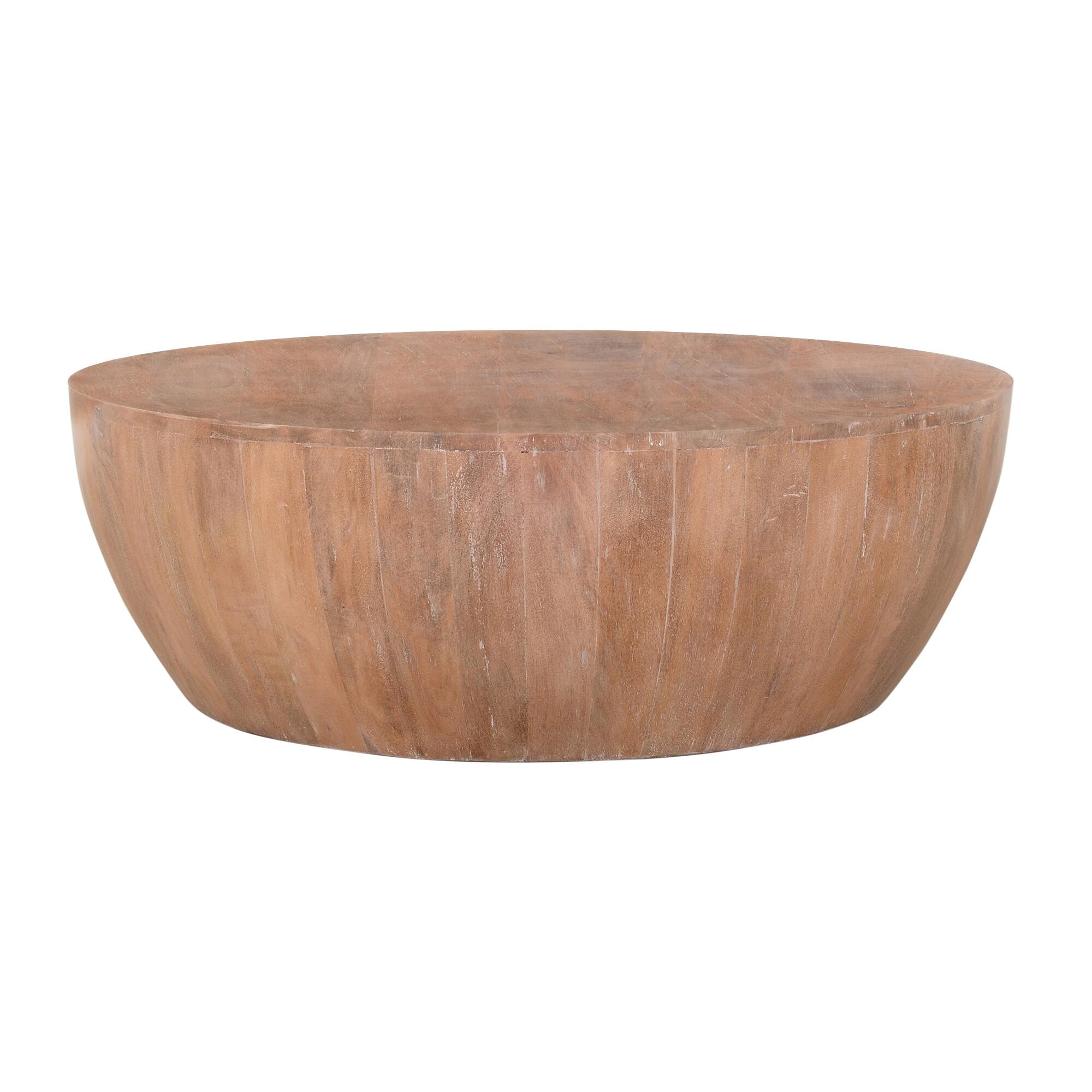 The Urban Port Drum Shape Coffee Table with Plank Base, Light Brown, large