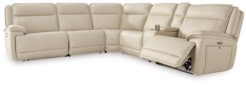 Double Deal 6-Piece Dual Power Leather Reclining Modular Sectional with Console, Almond