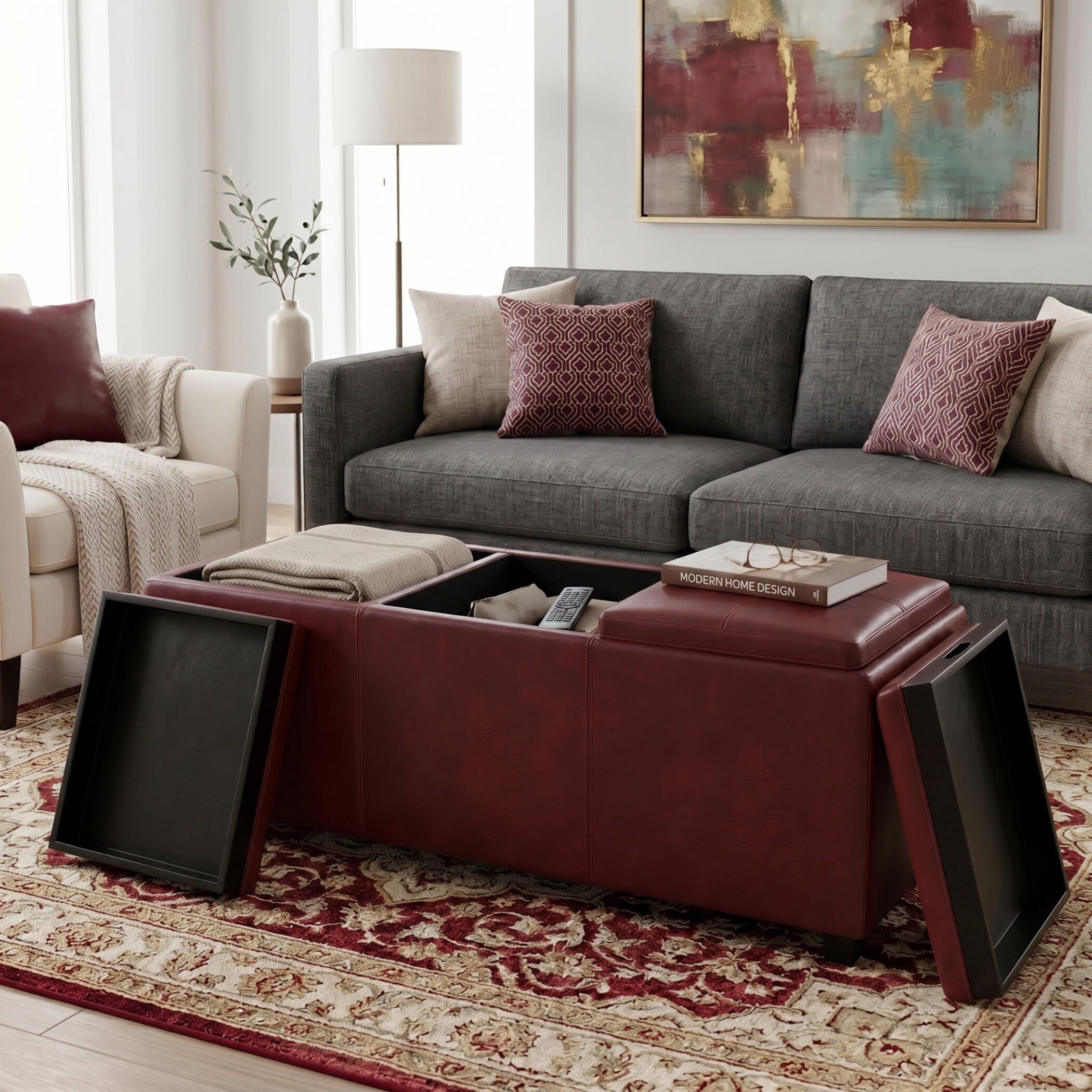 Ottoman Storage Ottoman with Trays, Crimson, large