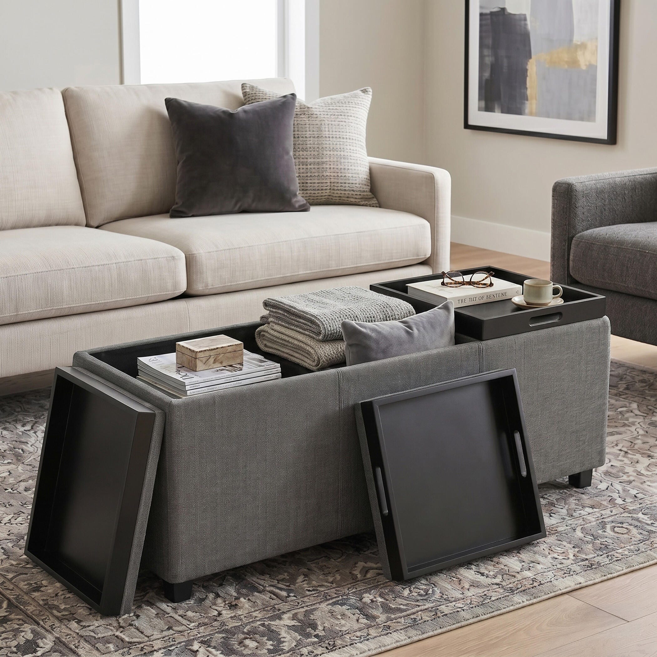 Ottoman Storage Ottoman with Trays, Slate Gray, large