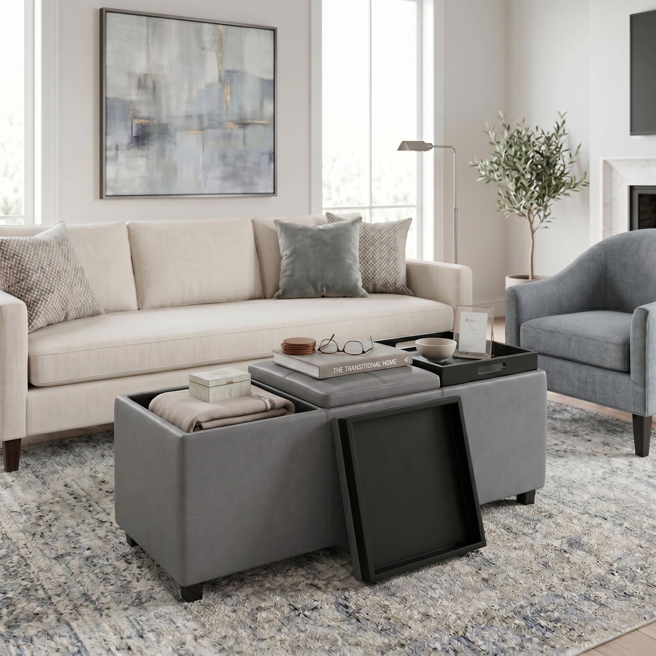 Ottoman Storage Ottoman with Trays, Stone Gray, large