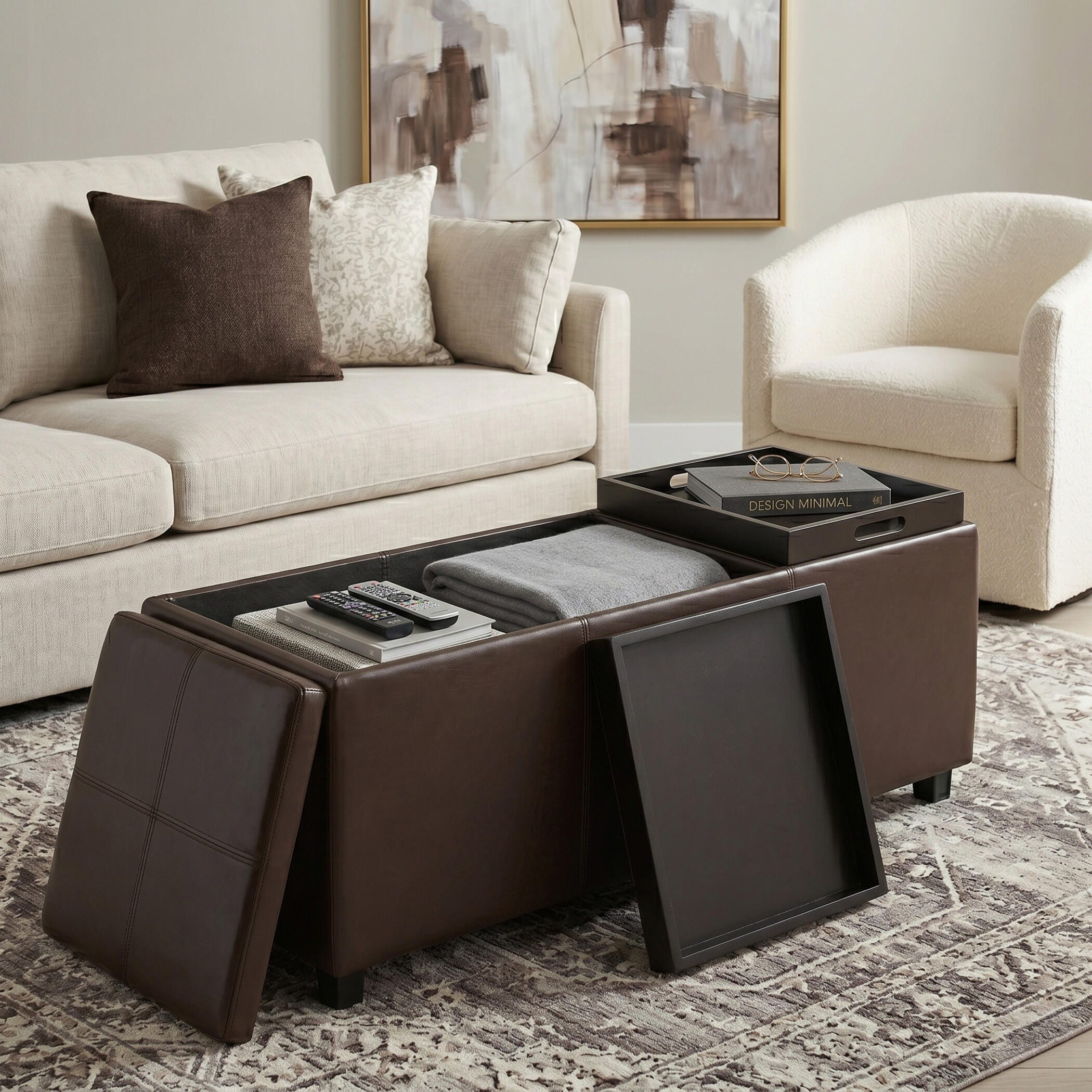 Ottoman Storage Ottoman with Trays, Chocolate, large