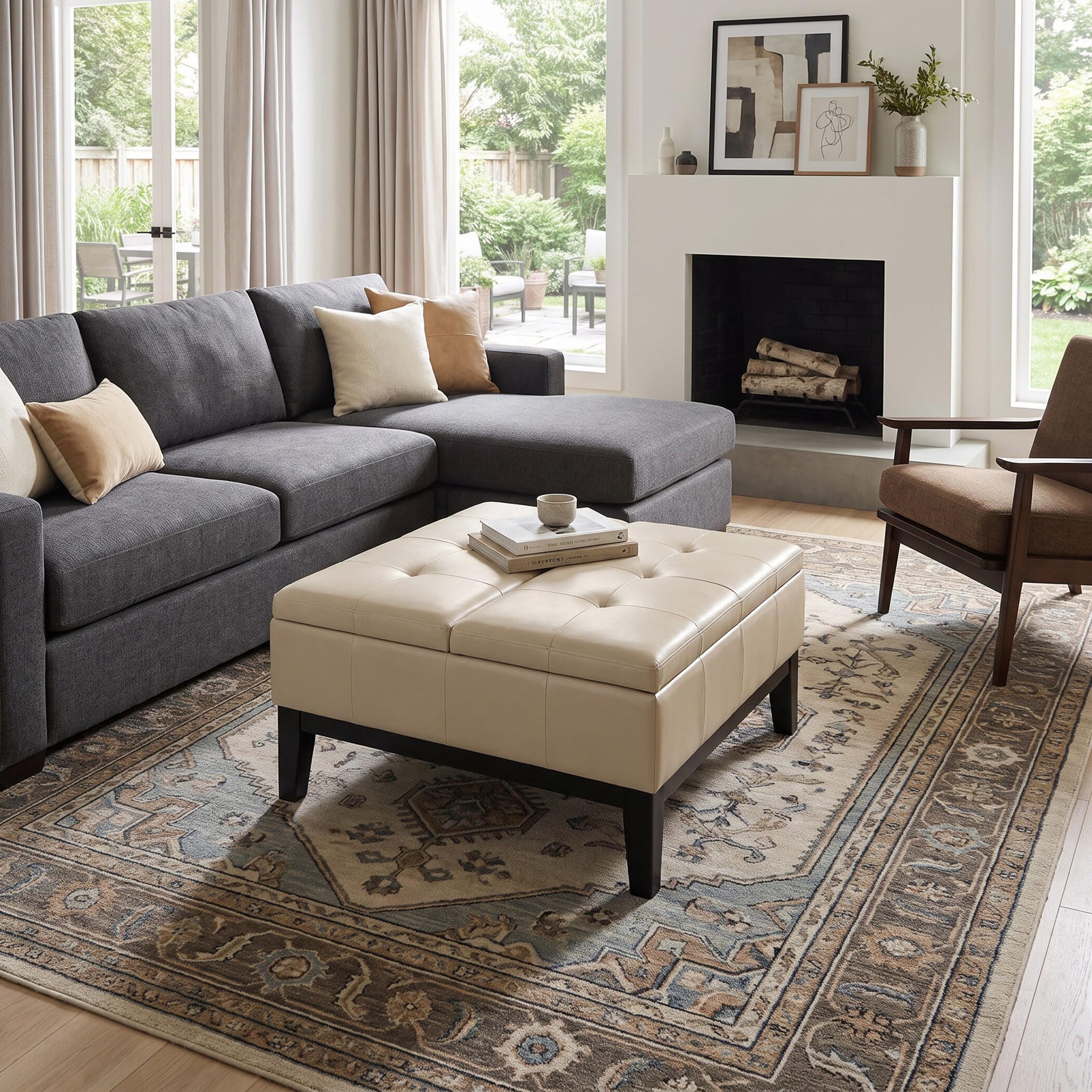 Ottoman Coffee Table Storage Ottoman, Satin Cream, large