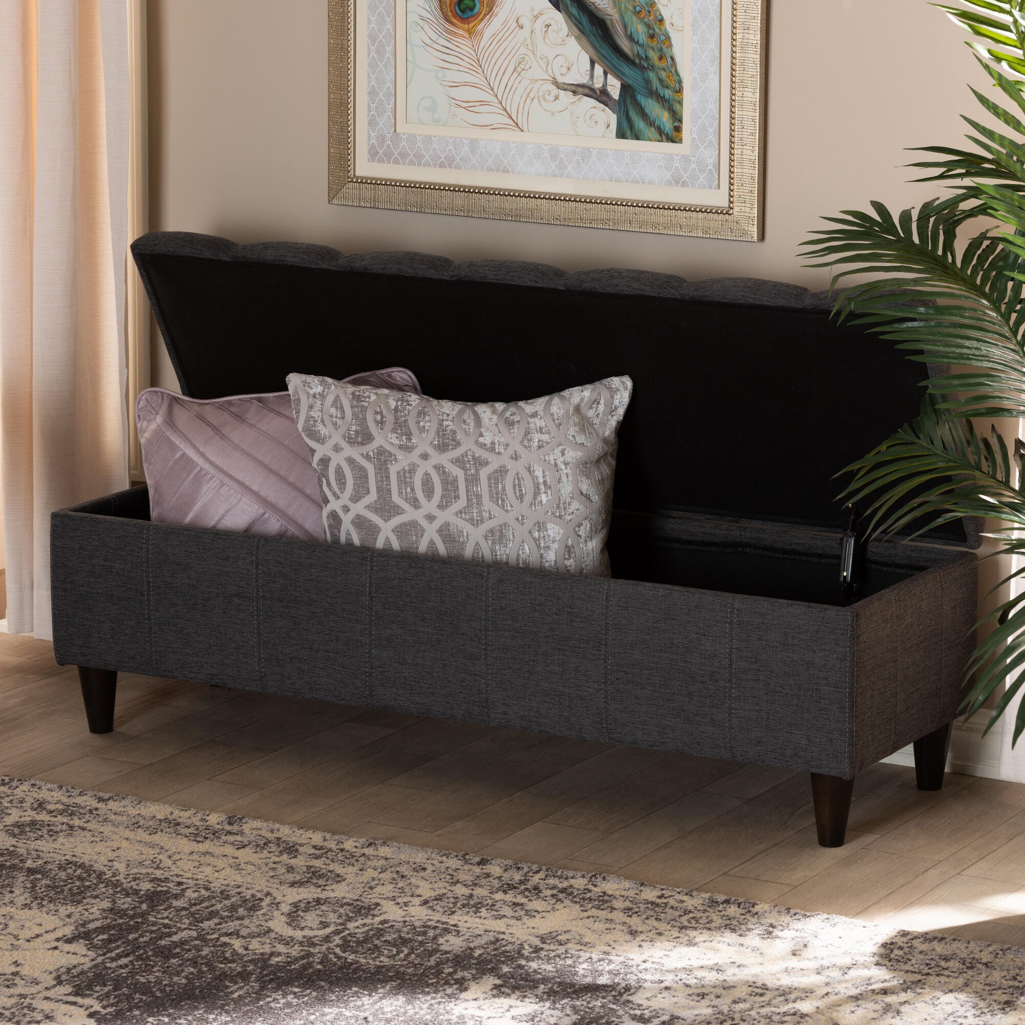 Baxton Studio Mid-Century Modern Upholstered Storage Bench Ottoman, Dark Gray, large