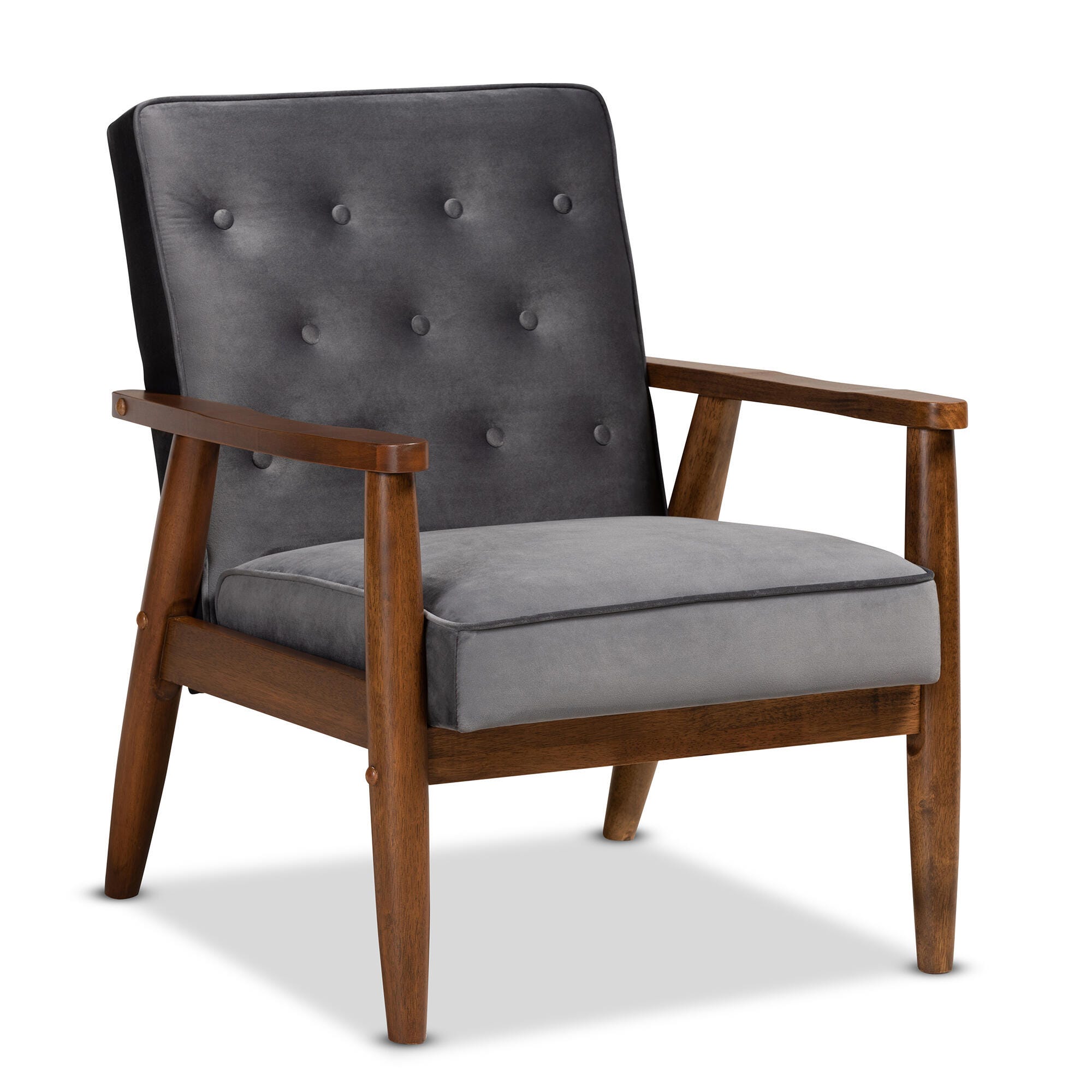 Baxton Studio Sorrento Mid-century Modern Gray Velvet Fabric Upholstered Walnut Finished Wooden Lounge Chair, Dark Gray, large