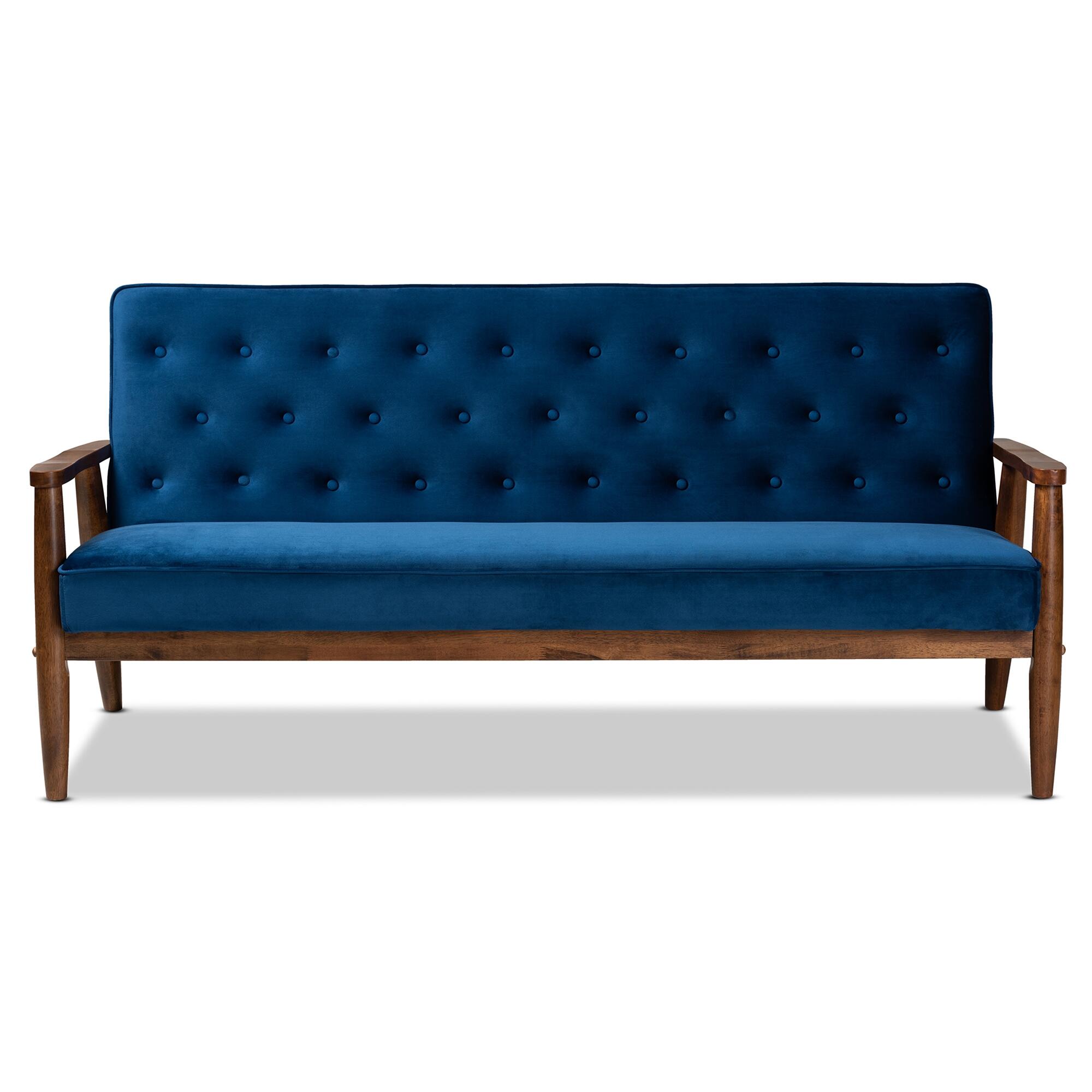 Baxton Studio Sorrento Mid-century Modern Navy Blue Velvet Fabric Upholstered Walnut Finished Wooden 3-seater Sofa, , large