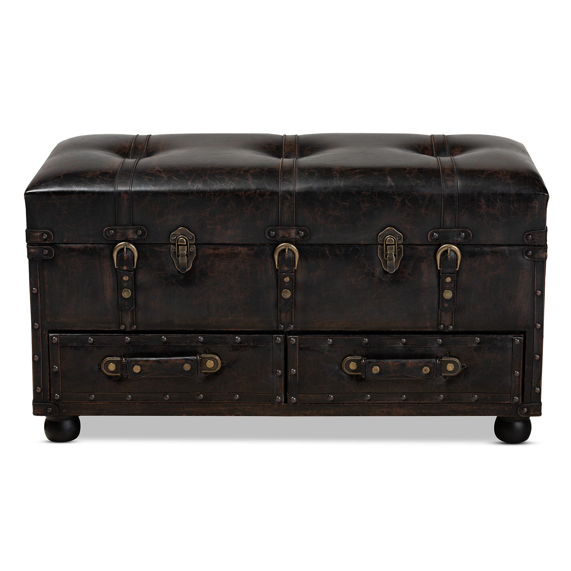 Baxton Studio Callum Modern Transitional Distressed Dark Brown Faux Leather Upholstered 2-Drawer Storage Trunk Ottoman, , large