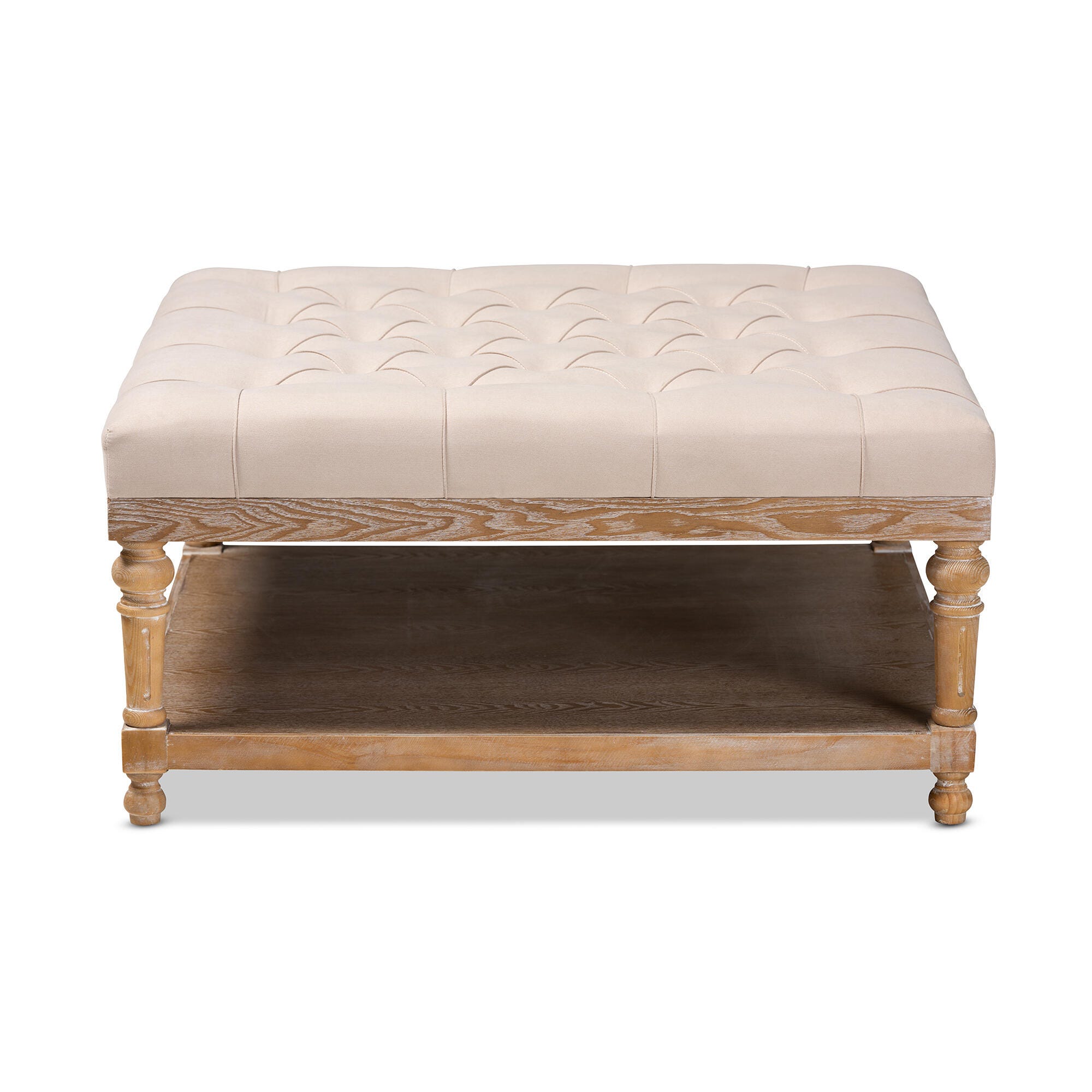 Baxton Studio Kelly Modern and Rustic Beige Linen Fabric Upholstered and Graywashed Wood Cocktail Ottoman, Beige, large