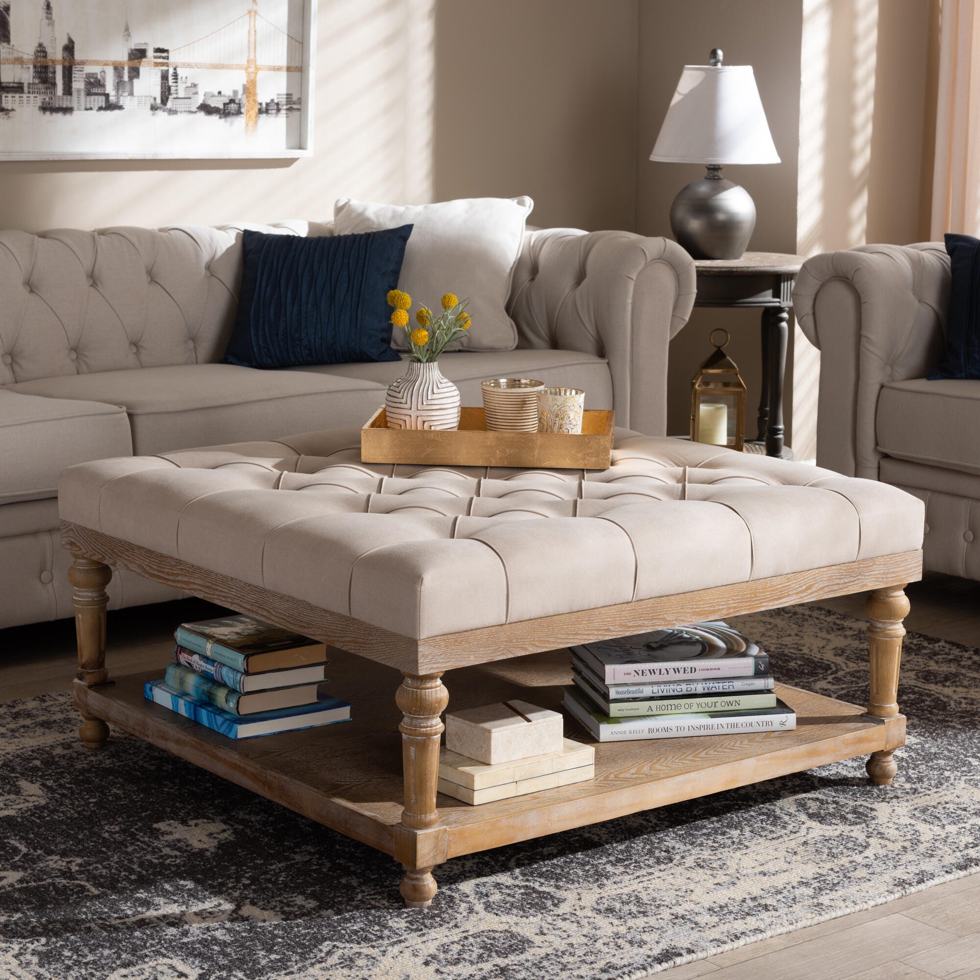 Baxton Studio Kelly Modern and Rustic Beige Linen Fabric Upholstered and Graywashed Wood Cocktail Ottoman, Beige, rollover