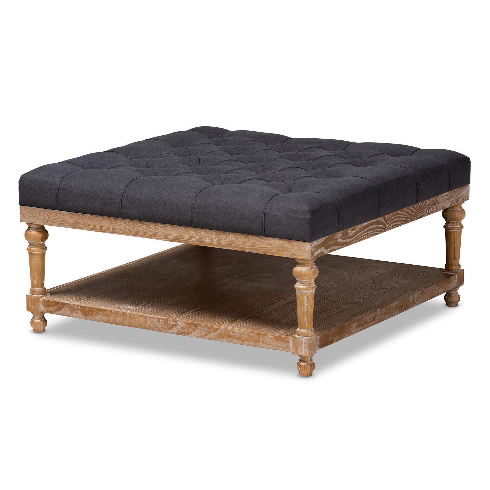 Baxton Studio Kelly Modern and Rustic Charcoal Linen Fabric Upholstered and Graywashed Wood Cocktail Ottoman, Black/Gray, rollover