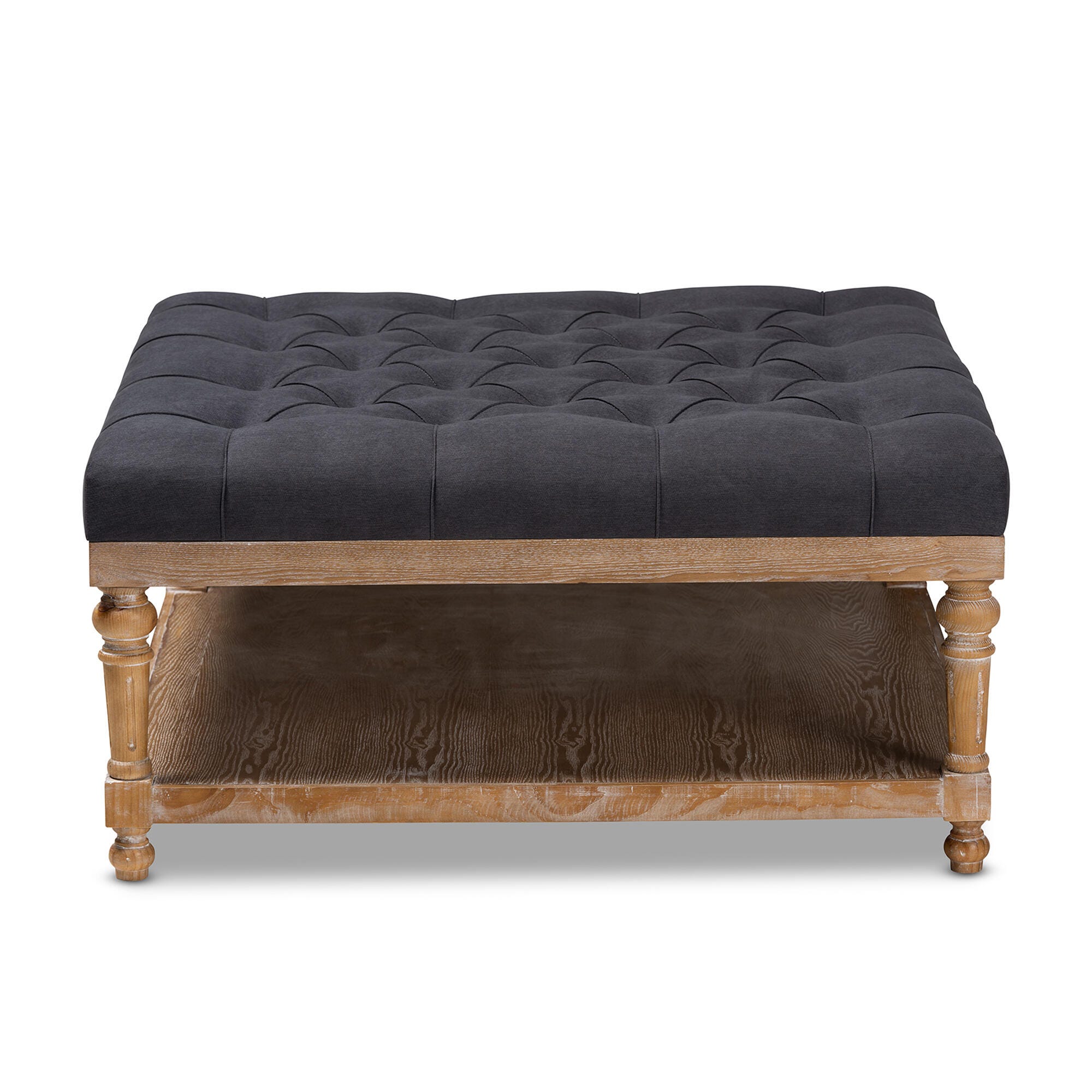Baxton Studio Kelly Modern and Rustic Charcoal Linen Fabric Upholstered and Graywashed Wood Cocktail Ottoman, Black/Gray, large