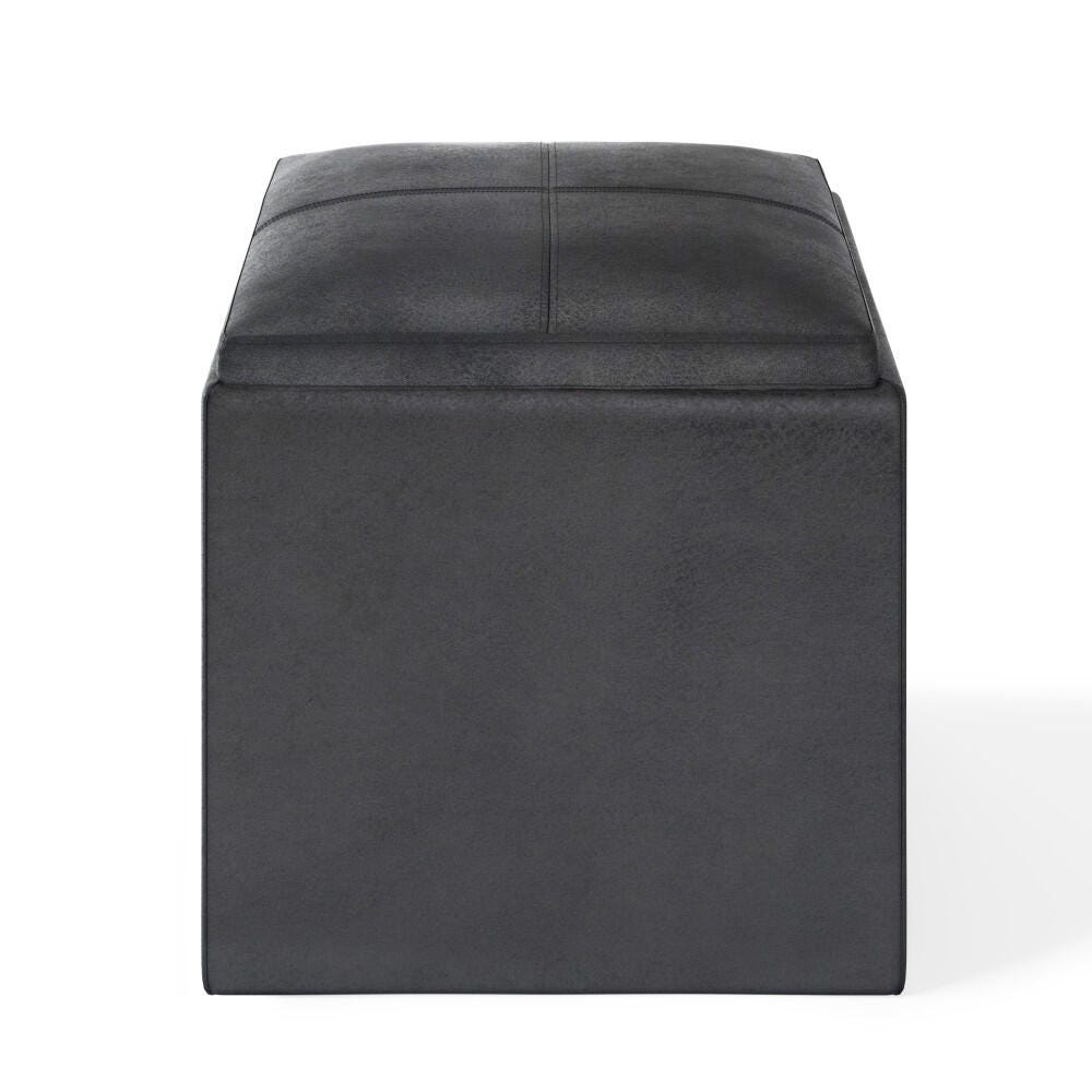 Rockwood 17 inch Wide Contemporary Square Cube Storage Ottoman with Tray in Distressed Black Faux Air Leather, Distressed Black, large