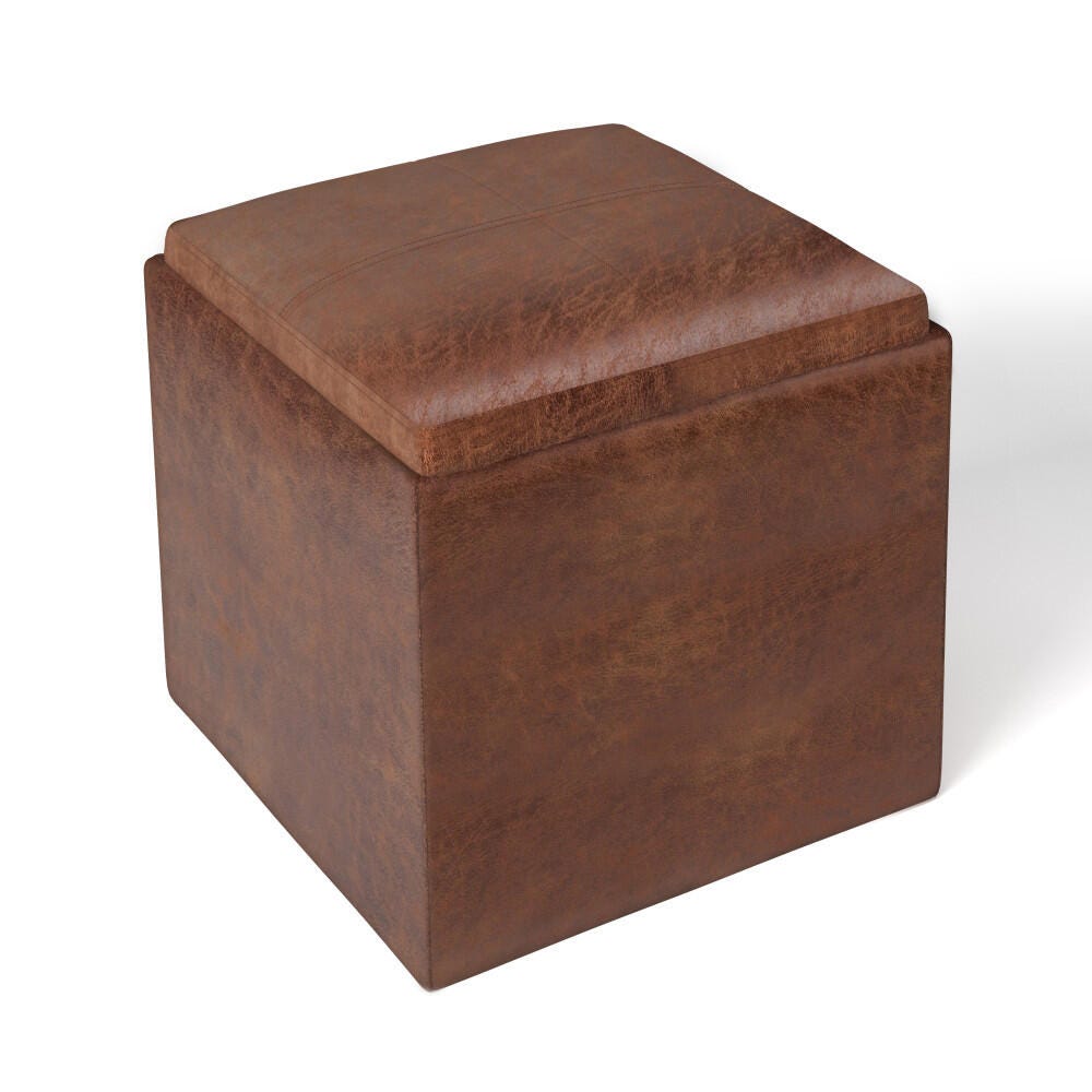 Rockwood 17 inch Wide Contemporary Square Cube Storage Ottoman with Tray in Distressed Saddle Brown Faux Air Leather, Saddle Brown, large