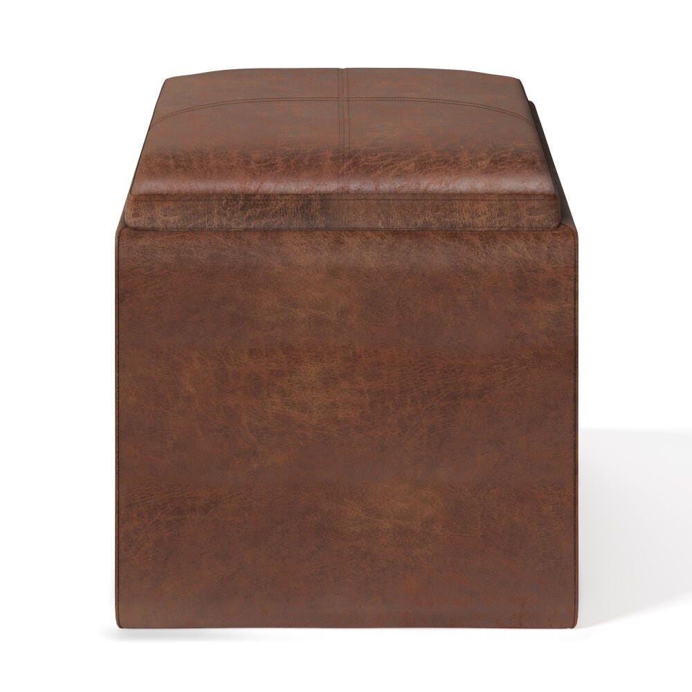 Rockwood 17 inch Wide Contemporary Square Cube Storage Ottoman with Tray in Distressed Saddle Brown Faux Air Leather, Saddle Brown, large
