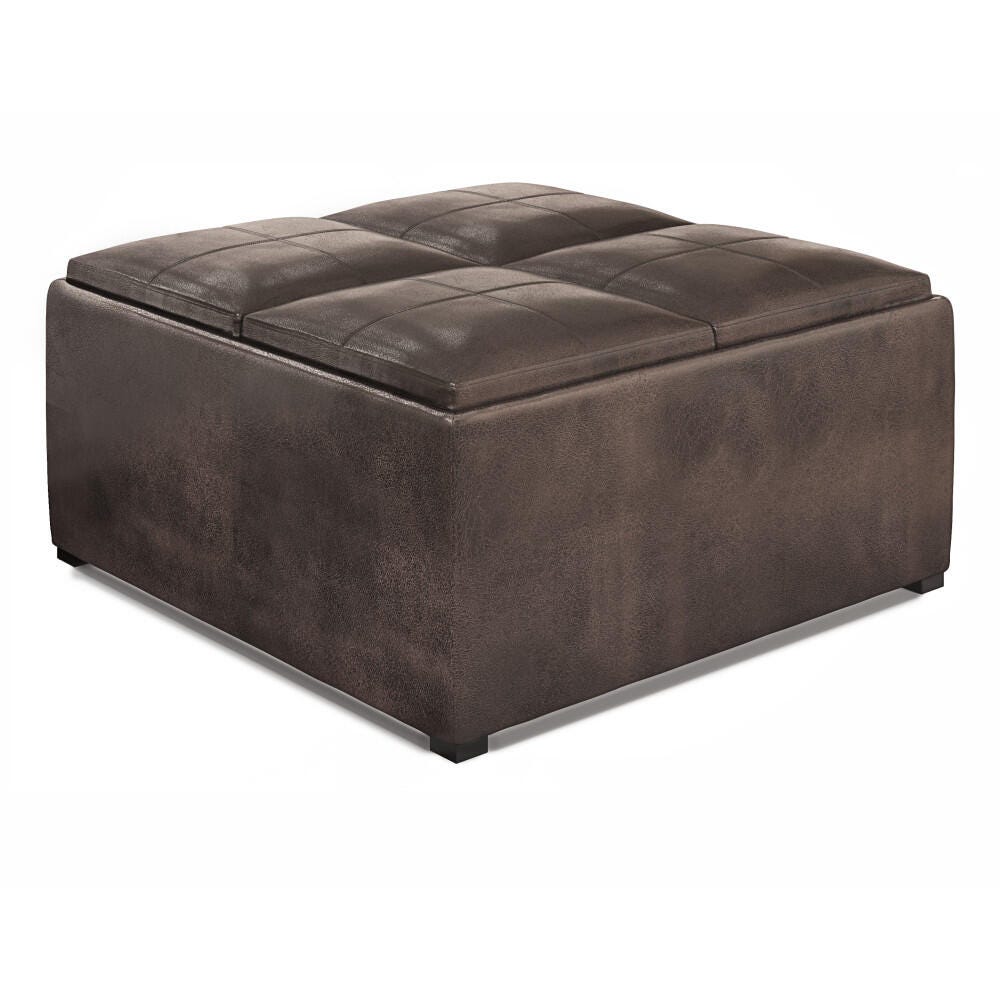 Avalon Contemporary Square Coffee Table Storage Ottoman, Distressed Brown, large