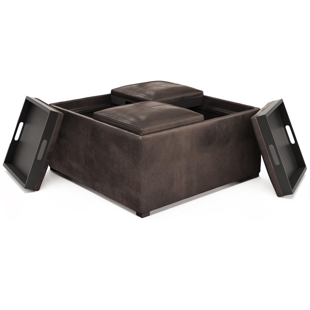 Avalon Contemporary Square Coffee Table Storage Ottoman, Distressed Brown, large