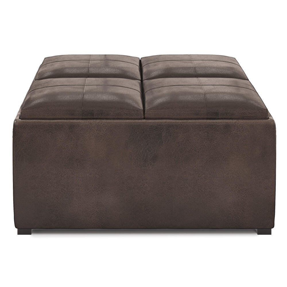 Avalon Contemporary Square Coffee Table Storage Ottoman, Distressed Brown, large