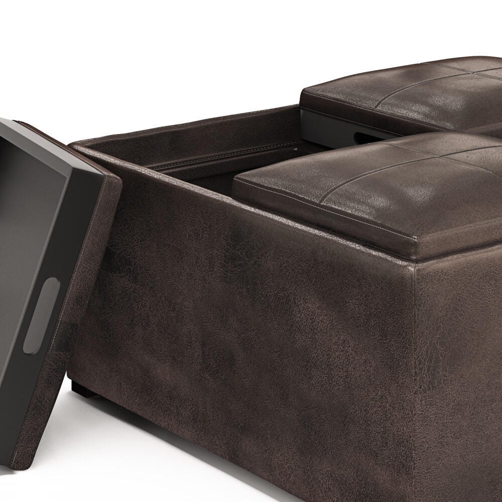Avalon Contemporary Square Coffee Table Storage Ottoman, Distressed Brown, large