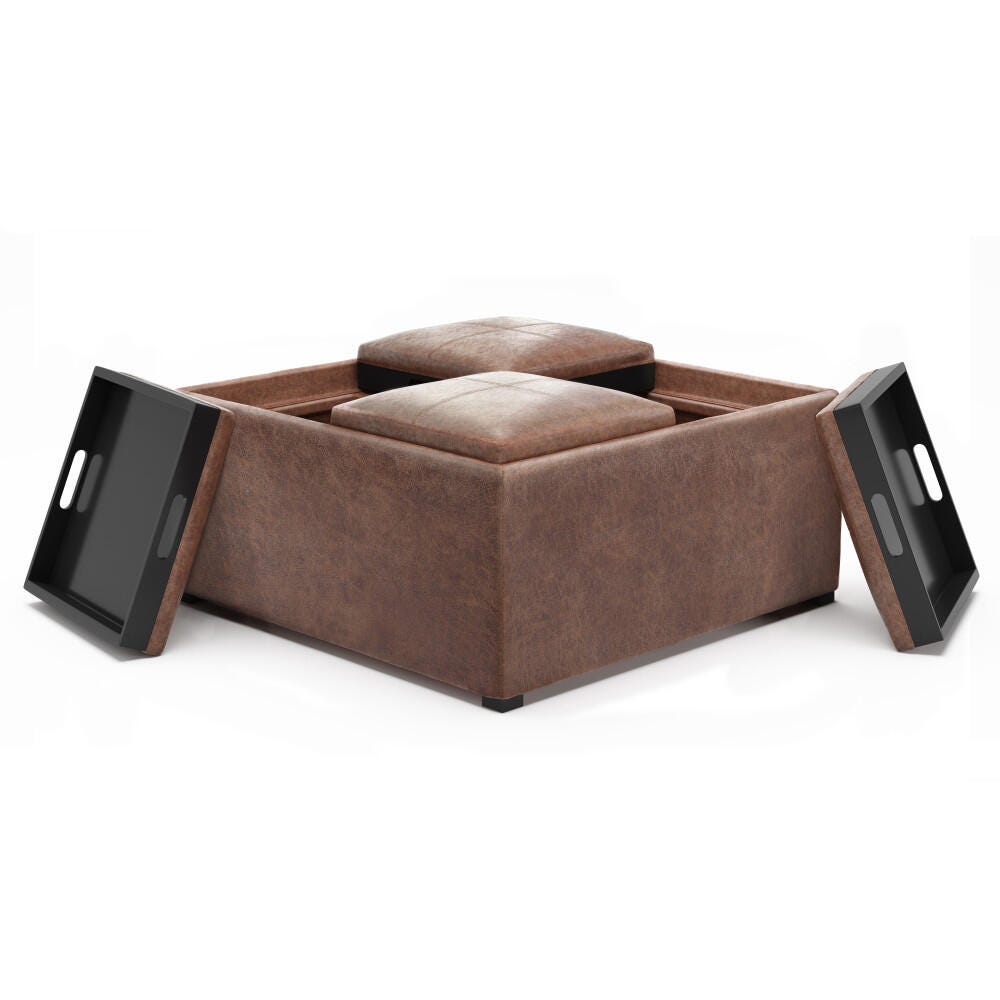 Avalon Contemporary Square Coffee Table Storage Ottoman, Umber Brown, large