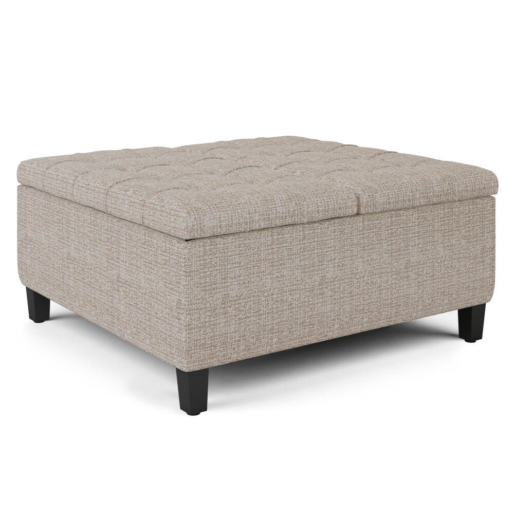 Harrison 36 inch Wide Traditional Square Coffee Table Storage Ottoman in Platinum Tweed Fabric, Platinum, large
