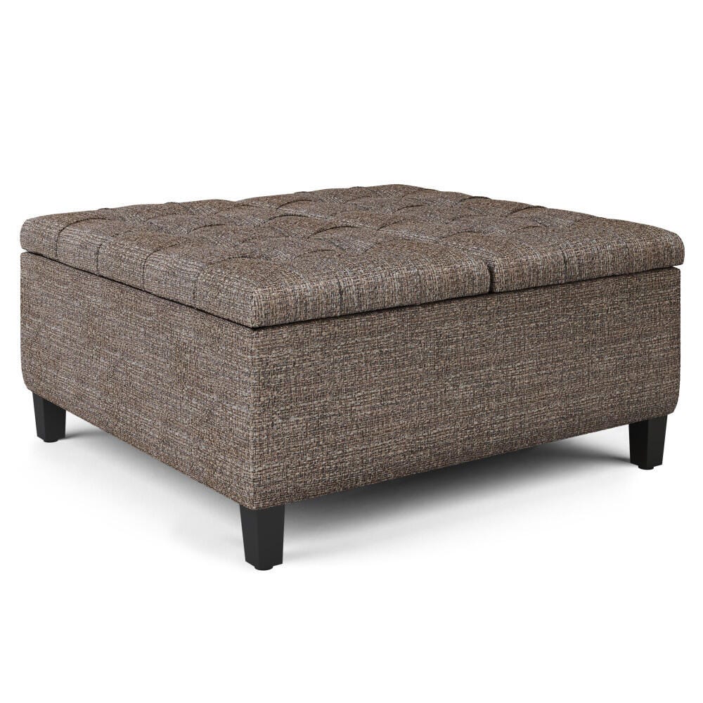 Harrison 36 inch Wide Traditional Square Coffee Table Storage Ottoman in Mink Brown Tweed Fabric, Mink Brown, large