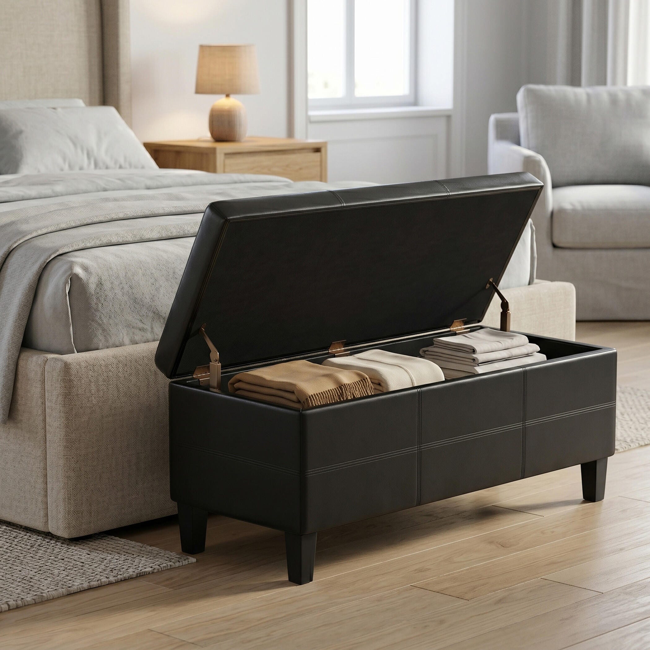 Simpli Home Afton 48" Wide Contemporary Rectangle Storage Ottoman Bench, Black, large