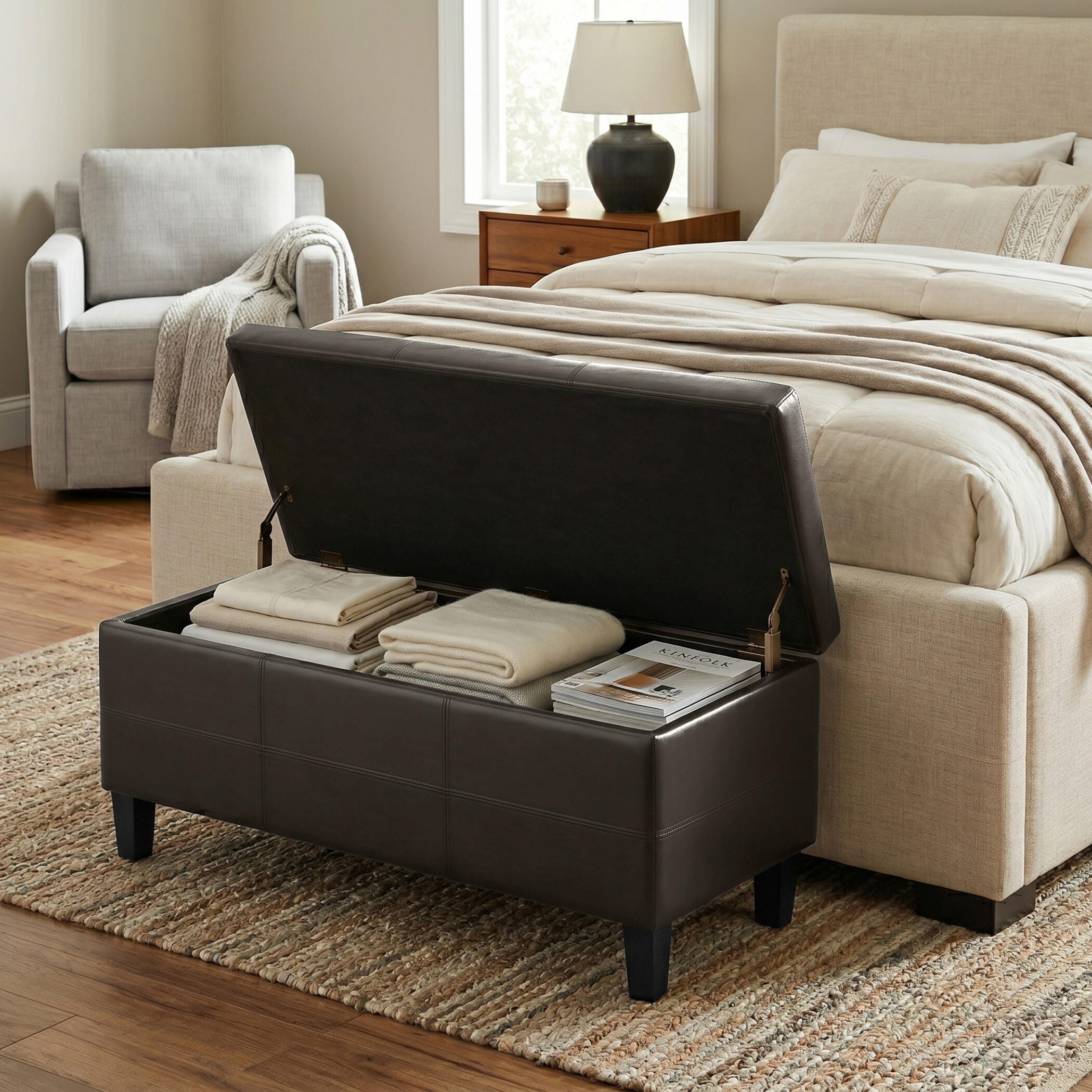 Afton 48" Wide Contemporary Rectangle Storage Ottoman, Brown, large