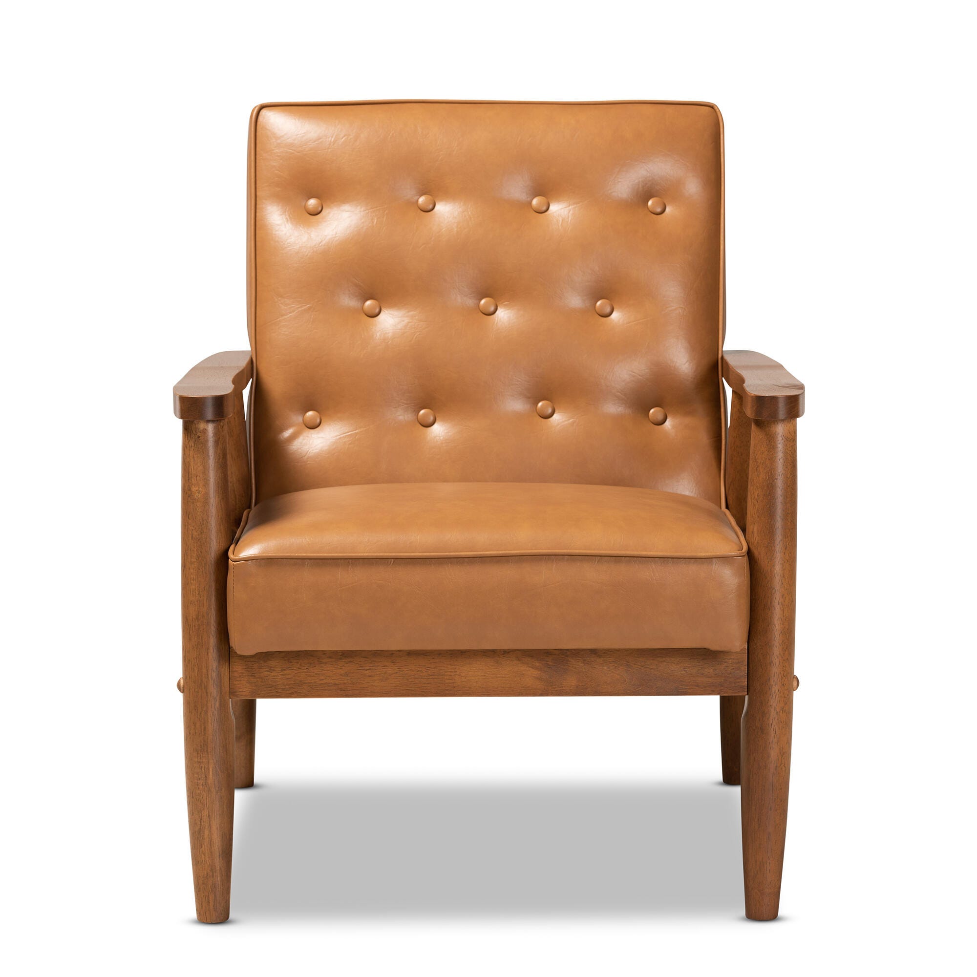 Sorrento Tan Faux Leather Upholstered and Walnut Brown Finished Wood Lounge Chair, Brown, large