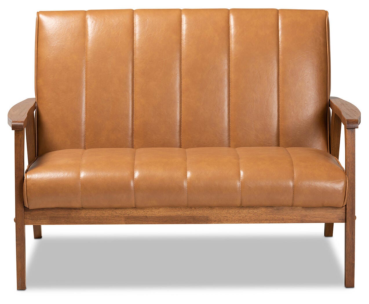 Nikko Tan Faux Leather Upholstered and Walnut Brown Finished Wood Loveseat, , large