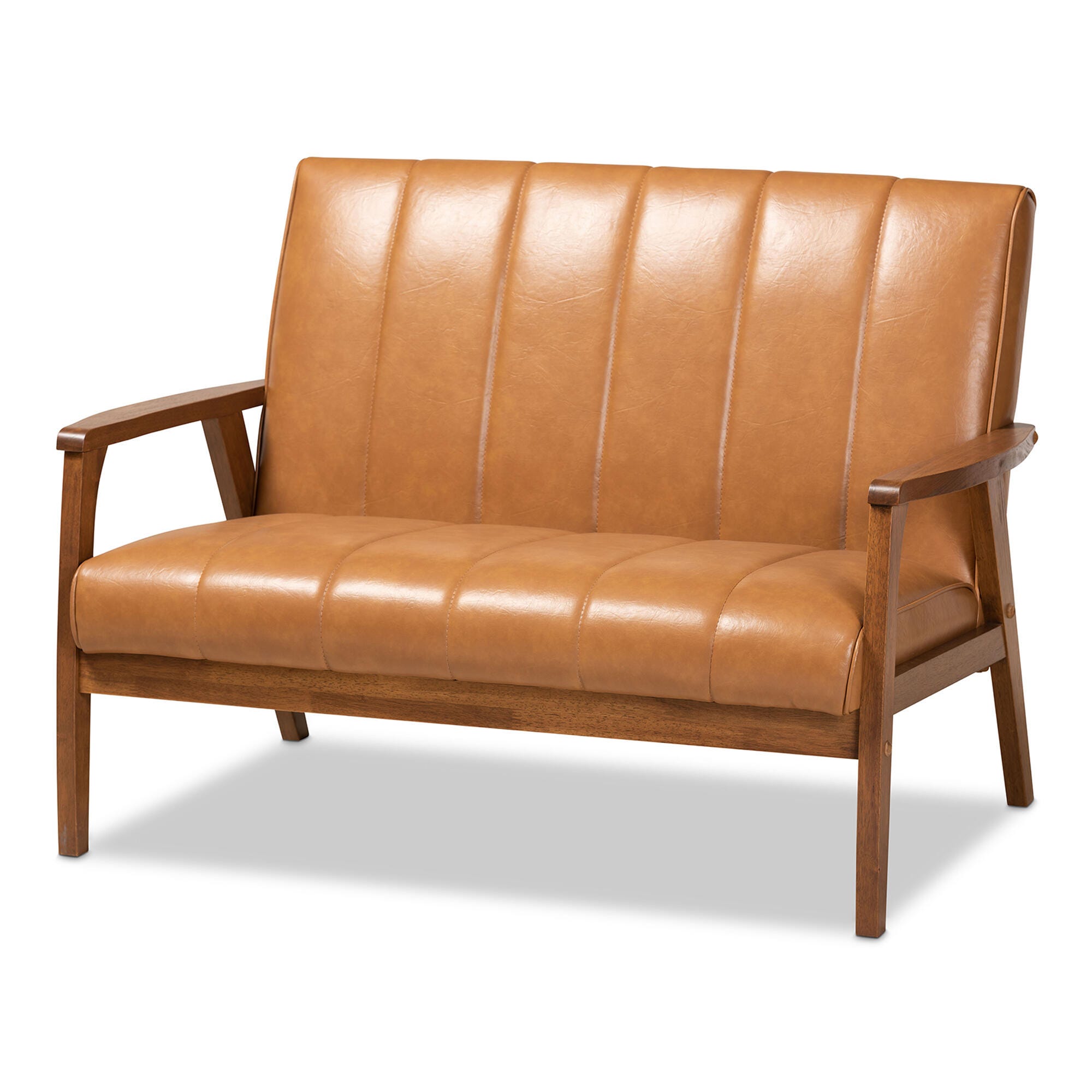 Nikko Tan Faux Leather Upholstered and Walnut Brown Finished Wood Loveseat, , large