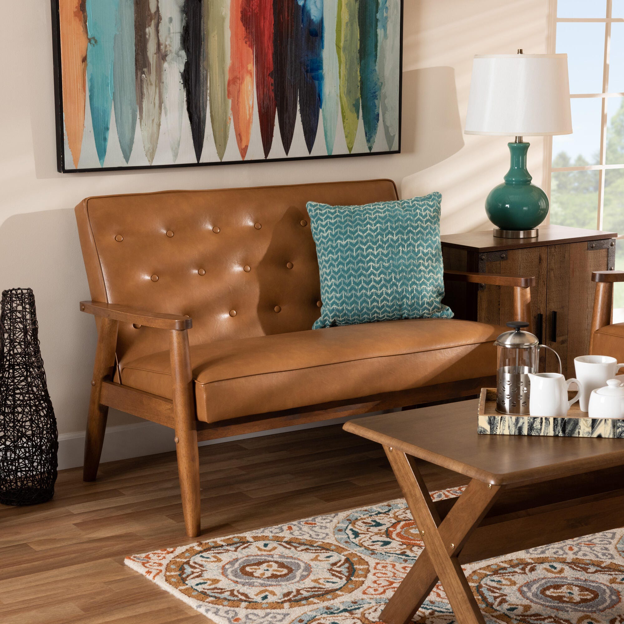 Sorrento Tan Faux Leather Upholstered and Walnut Brown Finished Wood Loveseat, , rollover