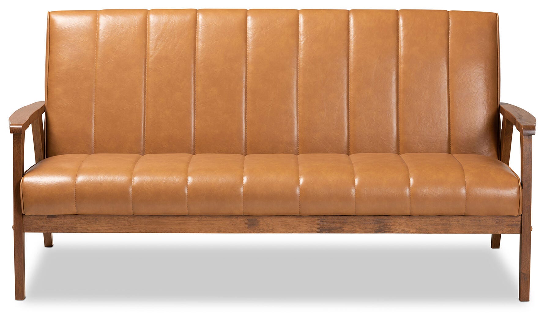 Nikko Tan Faux Leather Upholstered and Walnut Brown Finished Wood Sofa, , large