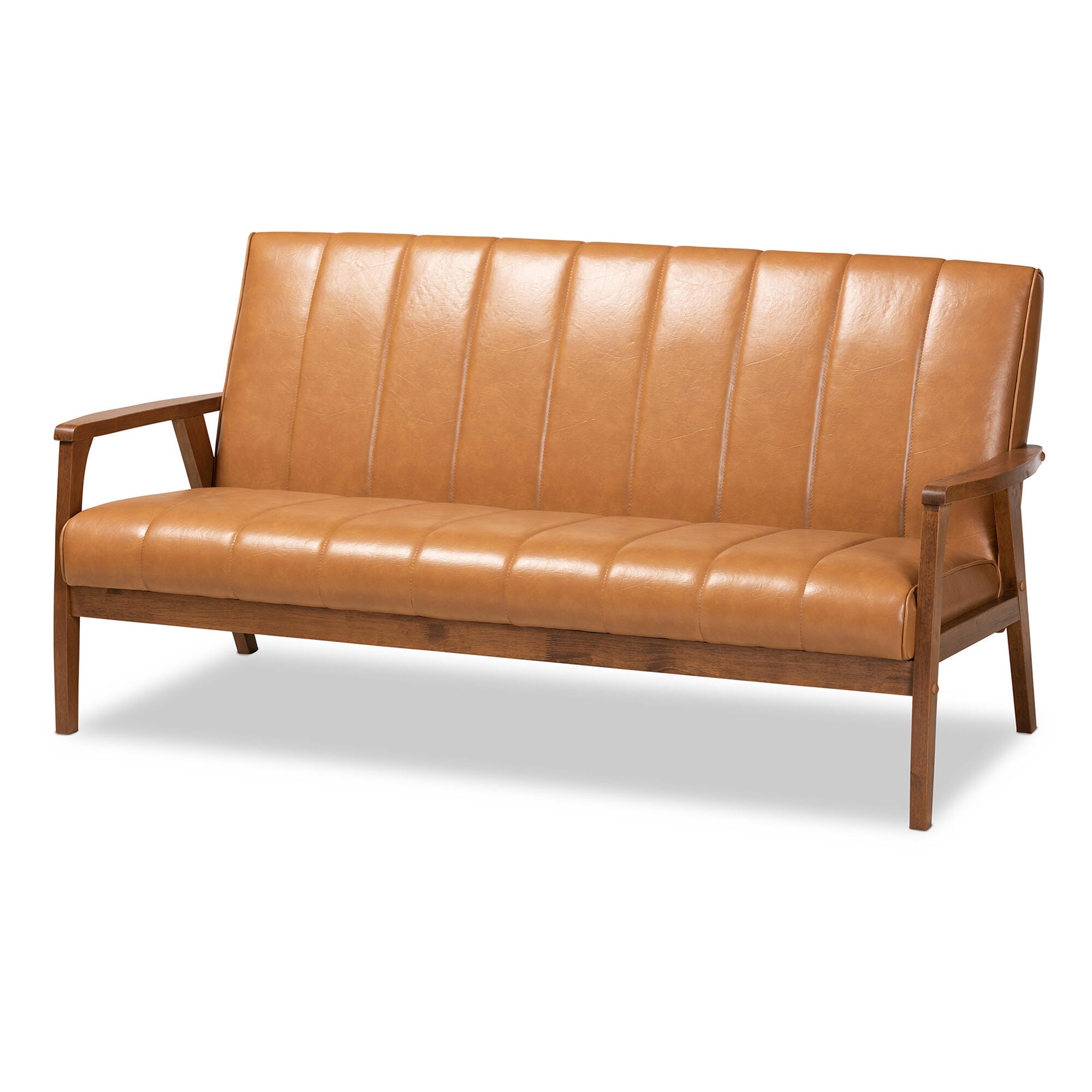 Nikko Tan Faux Leather Upholstered and Walnut Brown Finished Wood Sofa, , large