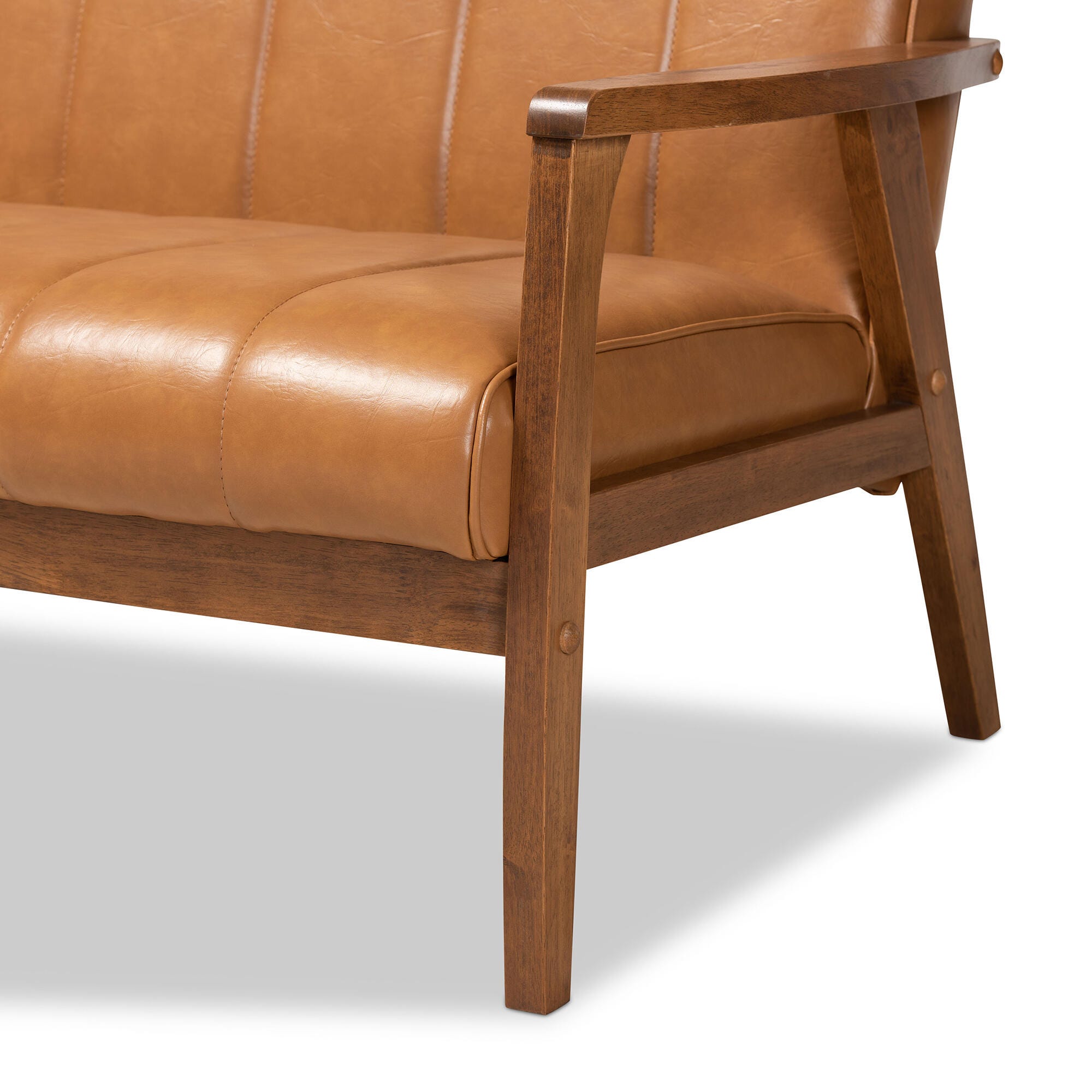 Nikko Tan Faux Leather Upholstered and Walnut Brown Finished Wood Sofa, , large