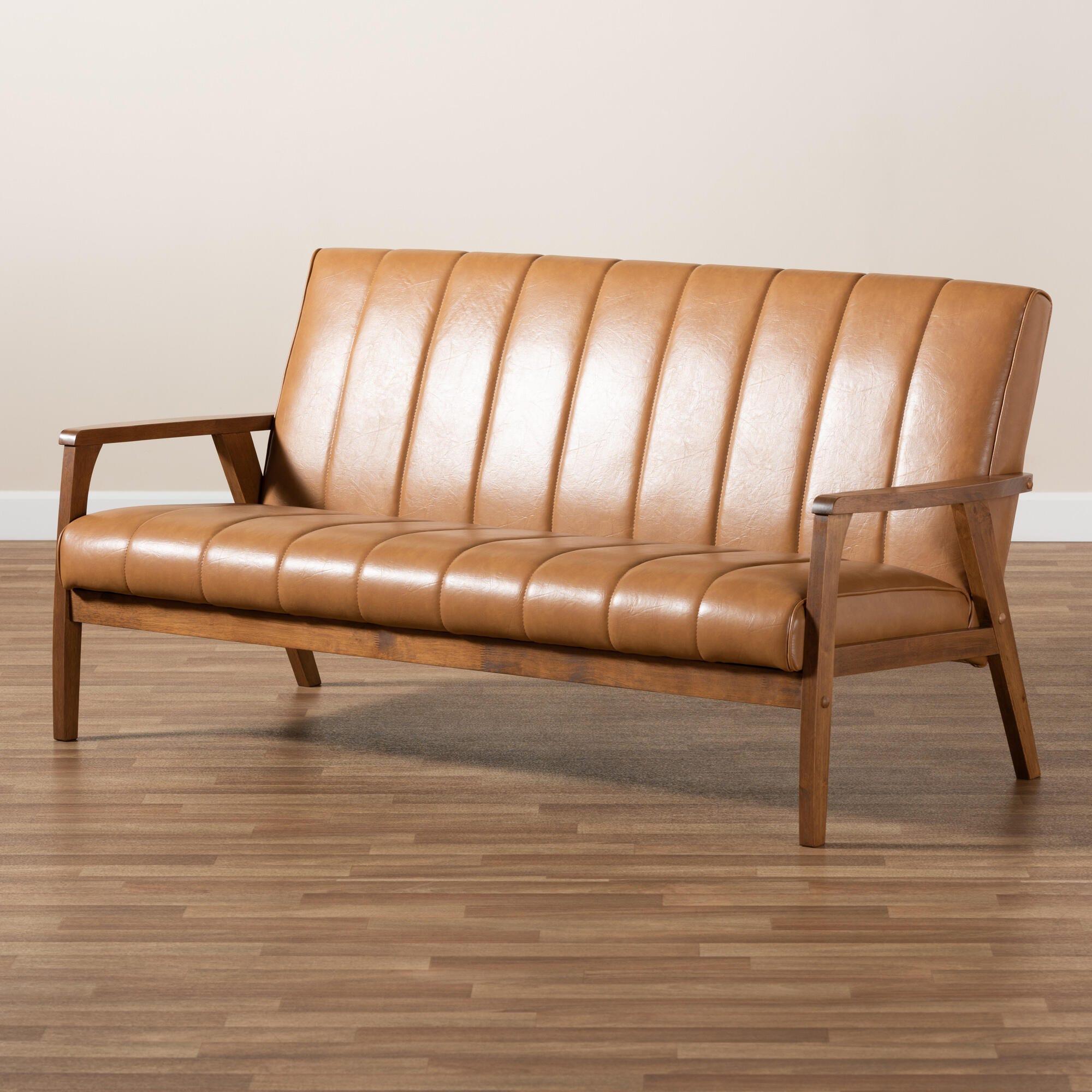 Nikko Tan Faux Leather Upholstered and Walnut Brown Finished Wood Sofa, , large